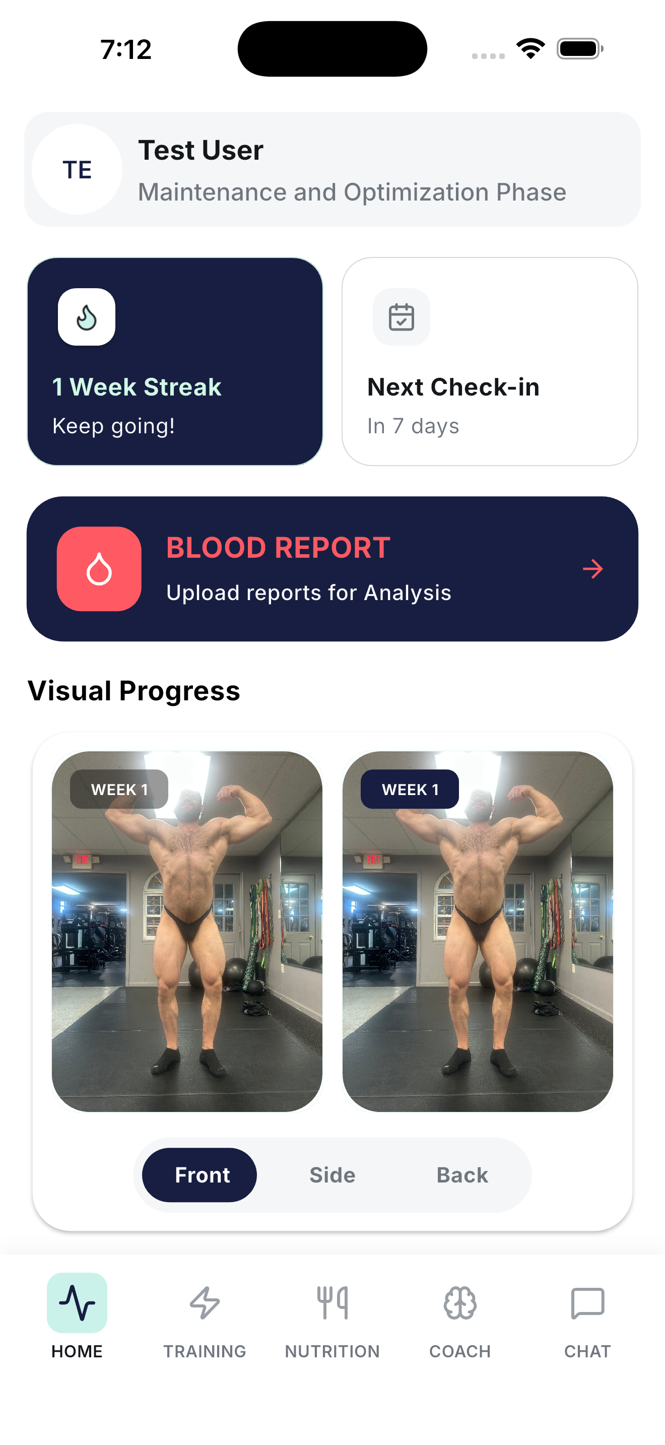 NebuFit home dashboard showing a training streak, next check-in, blood report upload, and front/side/back visual progress photos