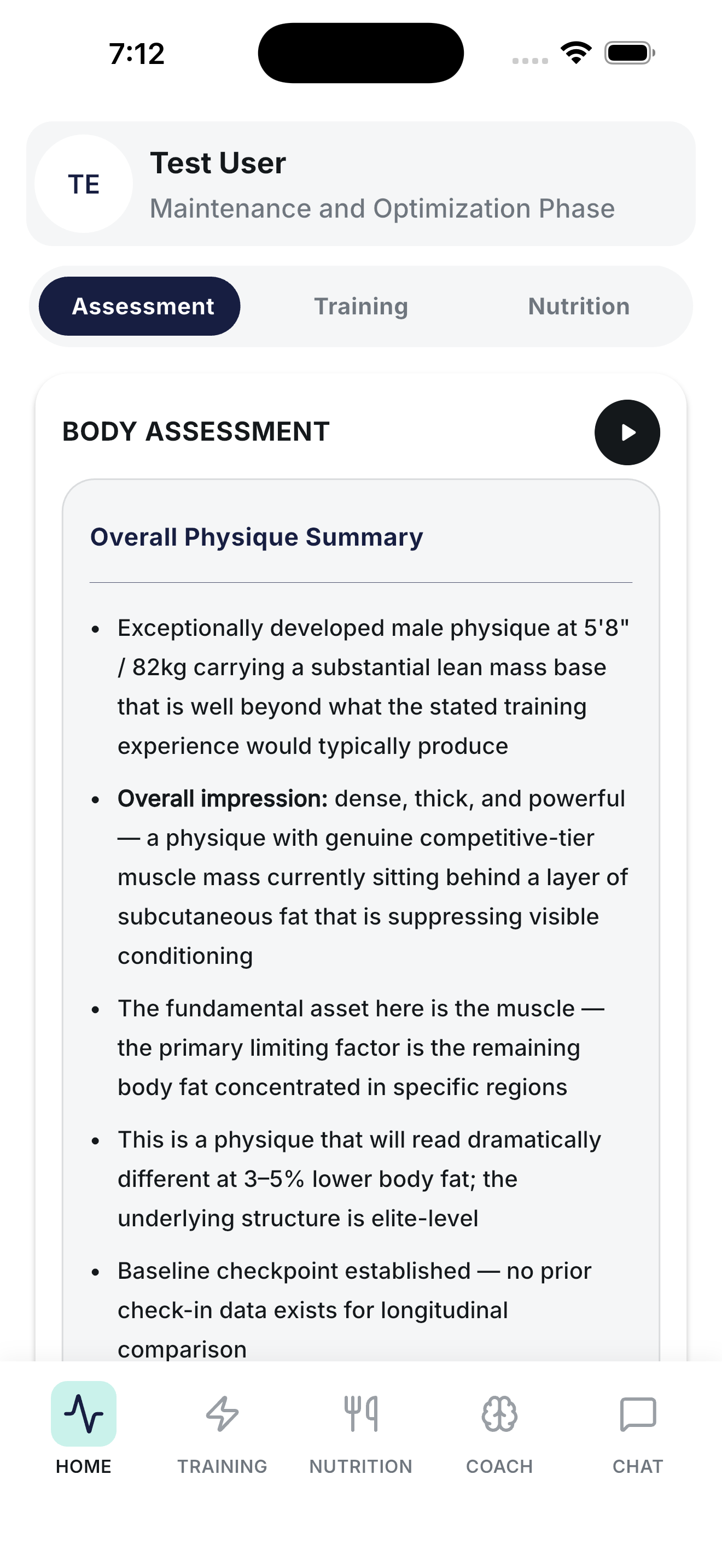AI-generated body assessment summarizing physique, estimated body fat, and conditioning