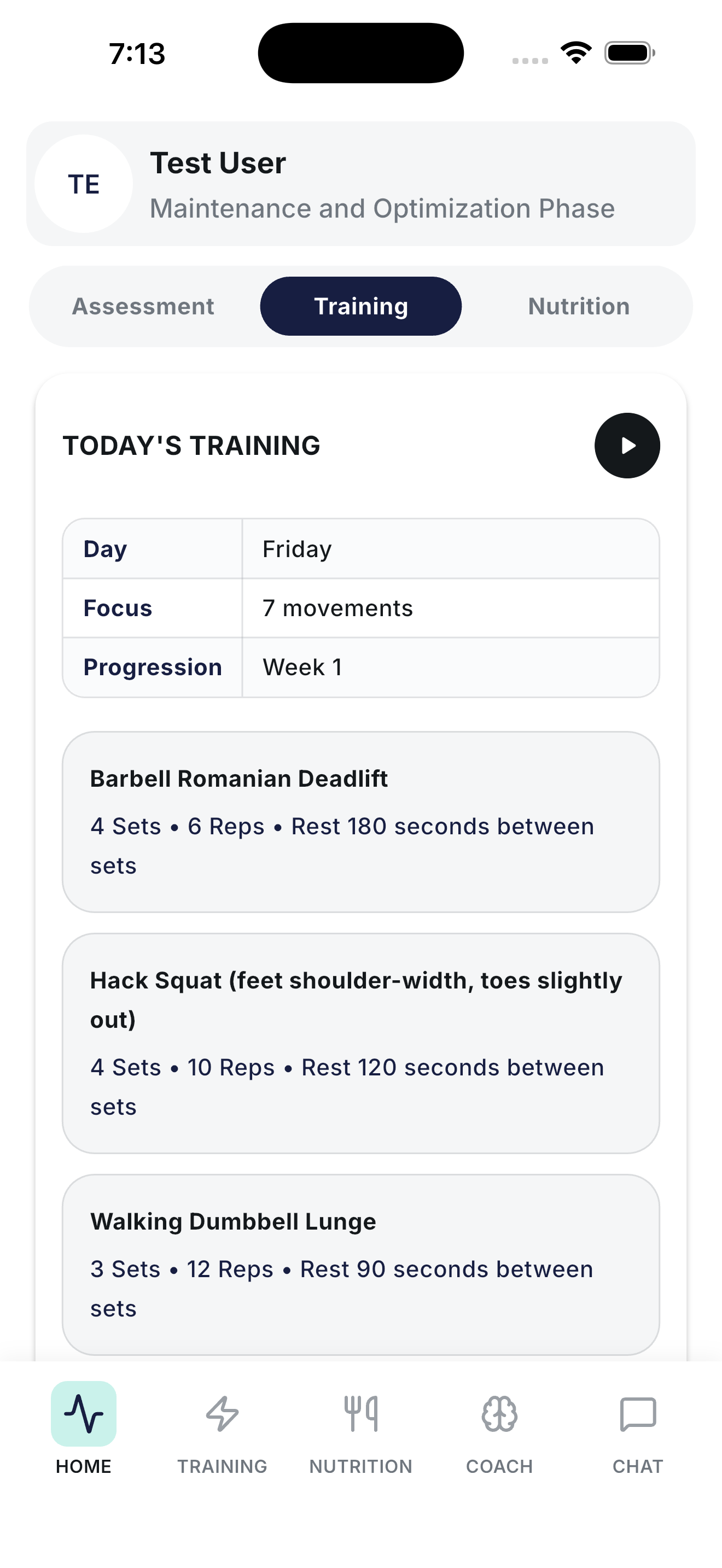 A day's training plan with exercise list, sets, reps, and rest periods