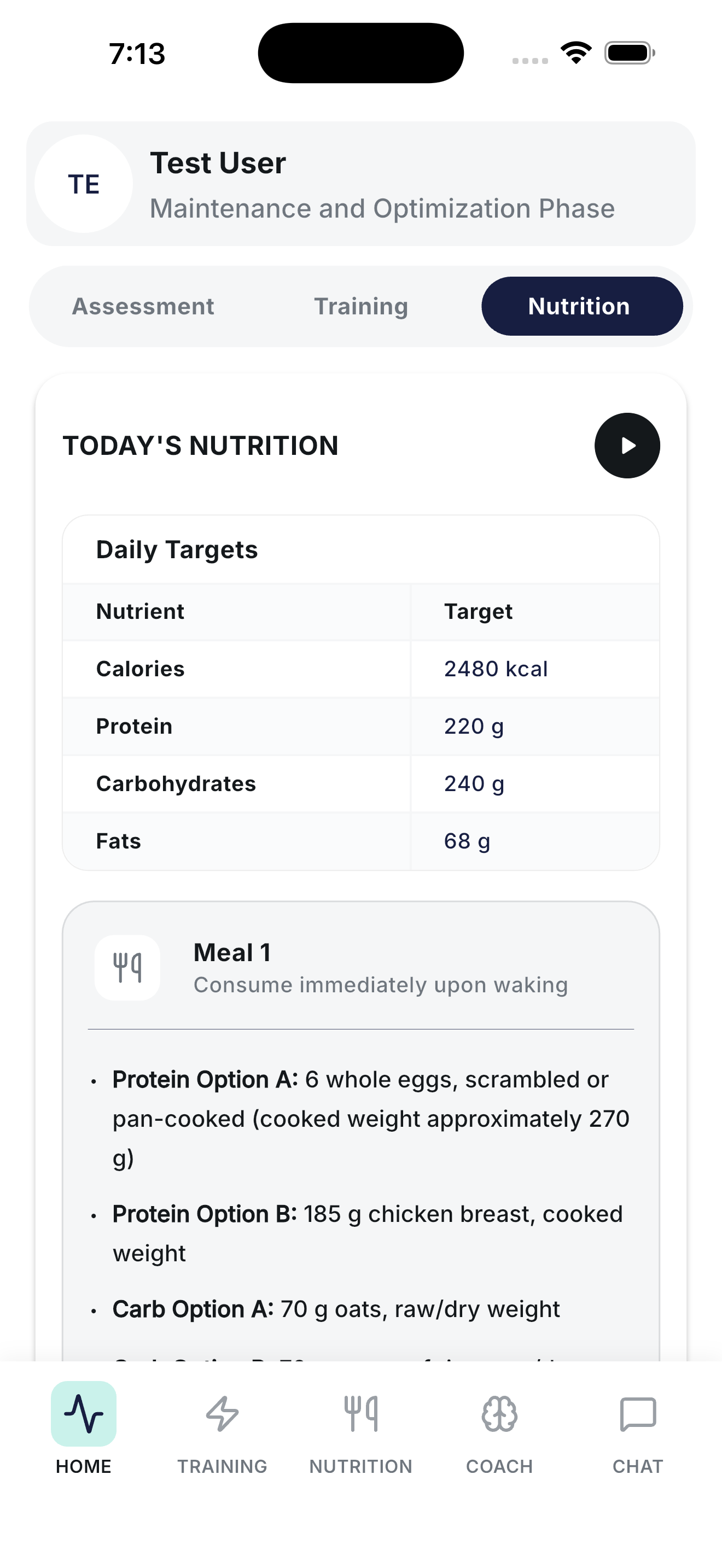 Today's Nutrition tab with daily calorie, protein, and carb targets and the first meal