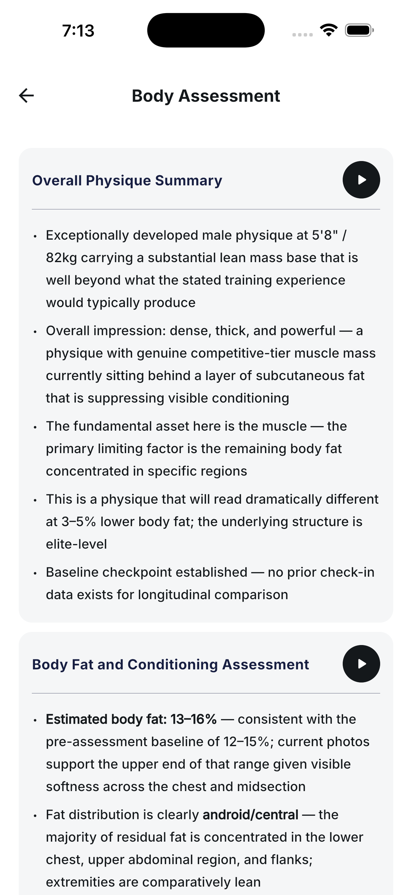 Full body assessment page with detailed physique summary and body fat and conditioning analysis
