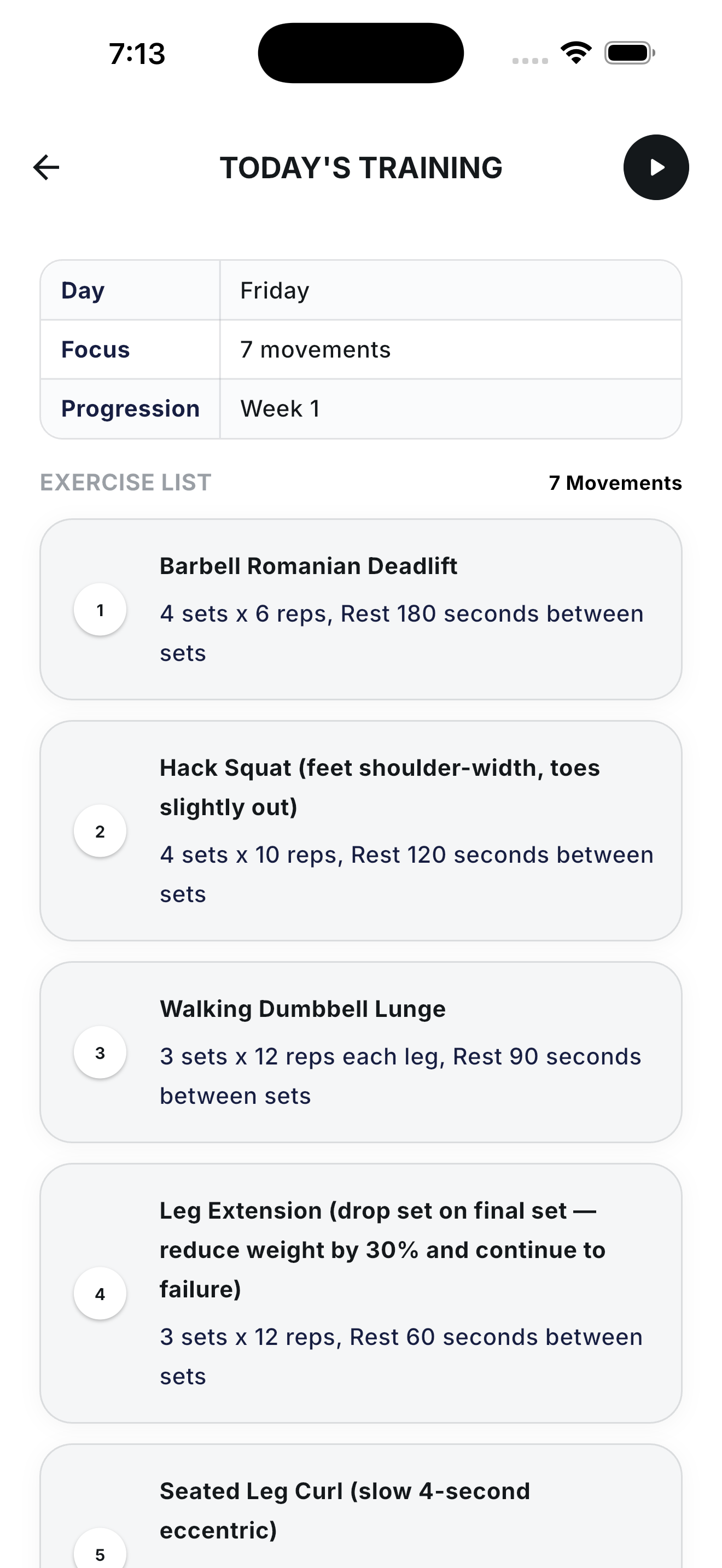 Today's Training detail page listing all 7 exercises with sets, reps, and rest periods