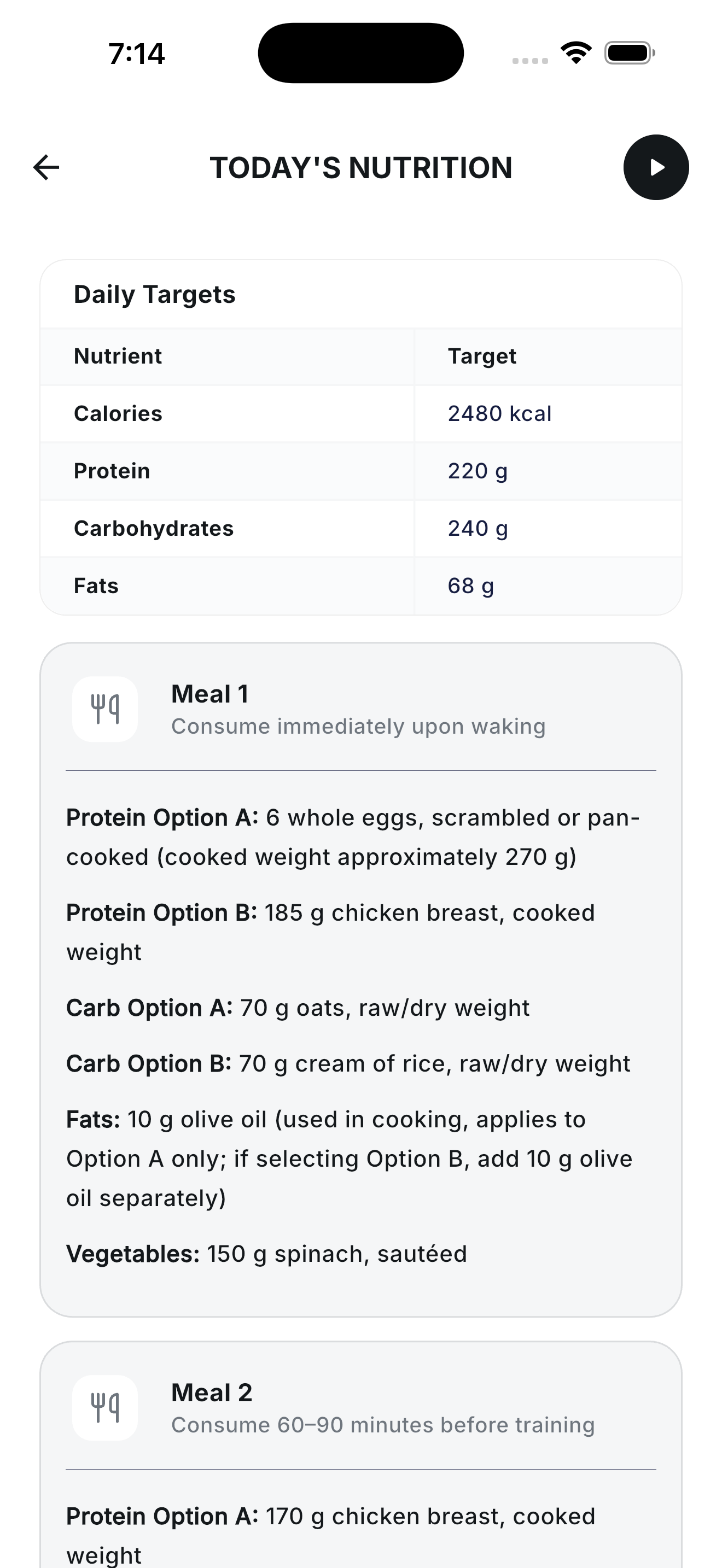 Today's Nutrition detail page with the full meal-by-meal breakdown