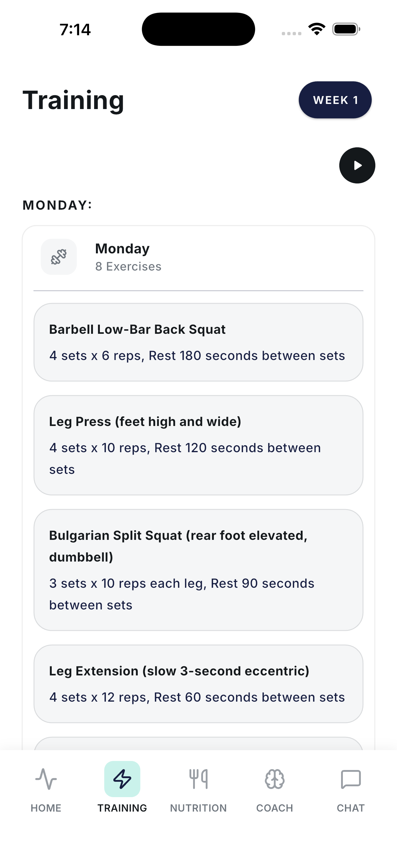 Weekly training page showing Monday's 8-exercise session