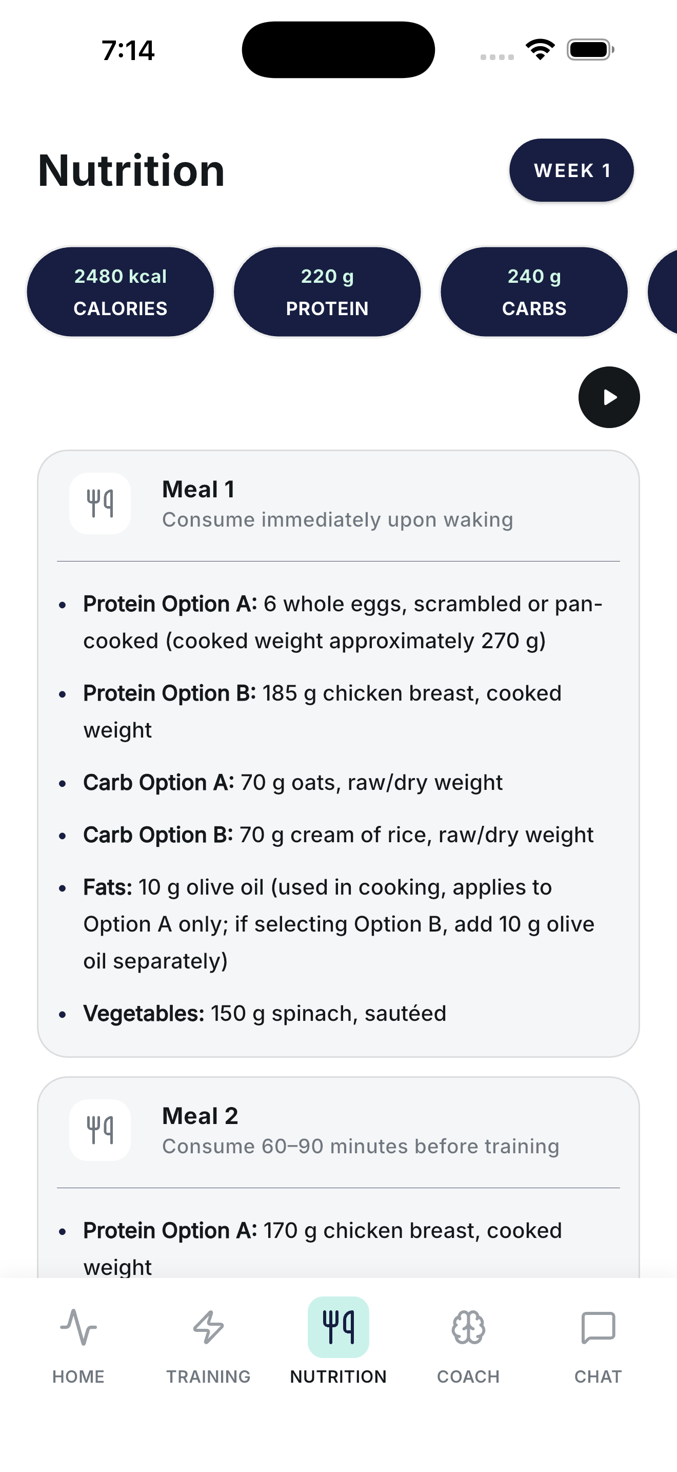 Daily nutrition targets for calories, protein, and carbohydrates with a structured meal plan below