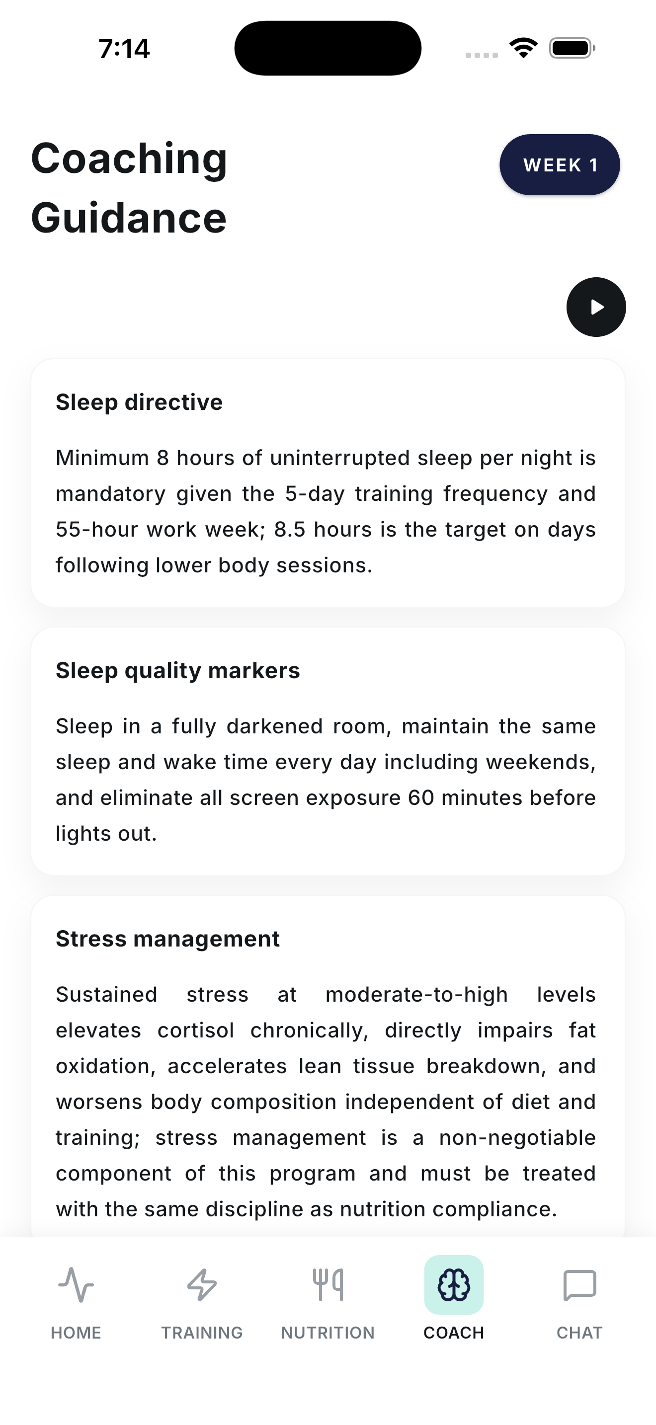 Coaching guidance page with sleep directive, sleep quality markers, and stress management notes