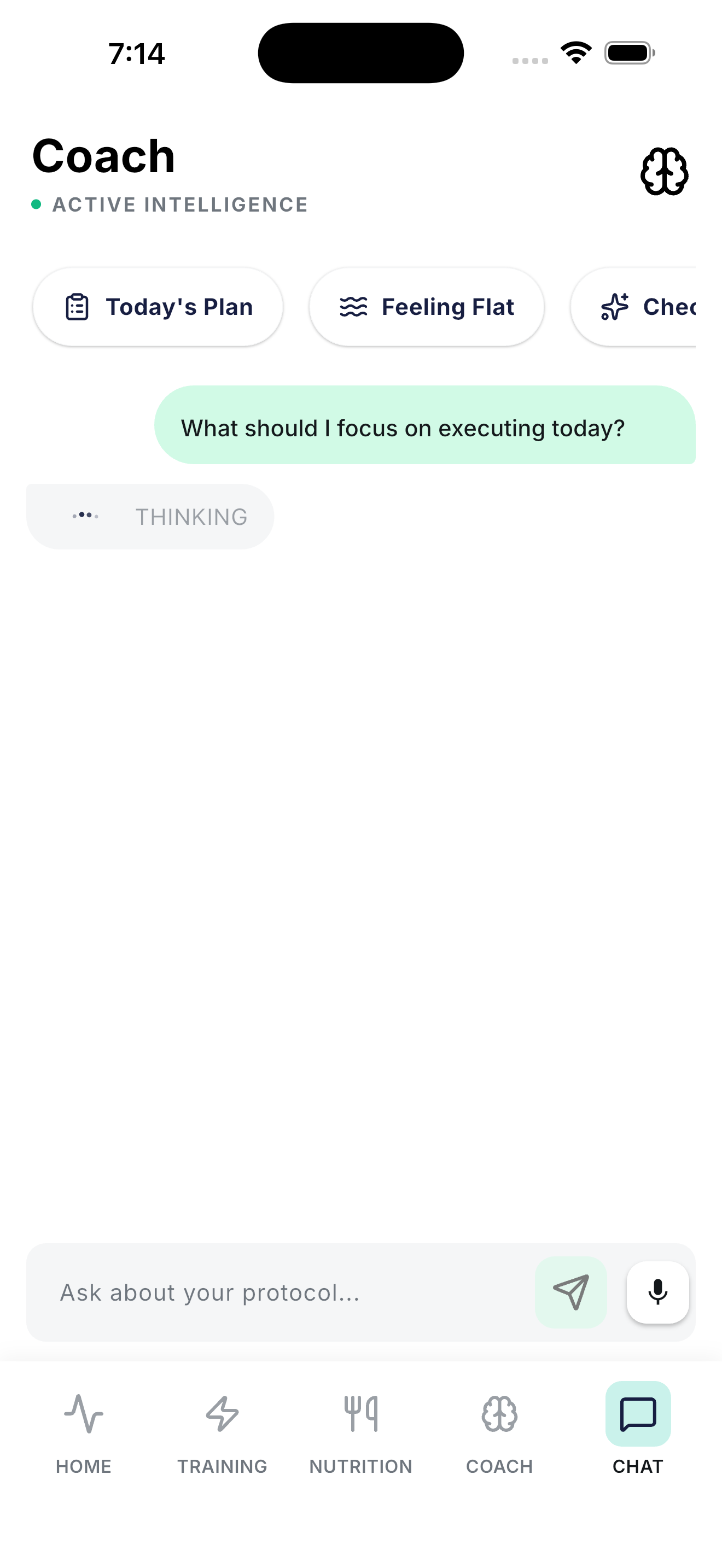 Coach chat screen with a user question and the AI coach's response loading