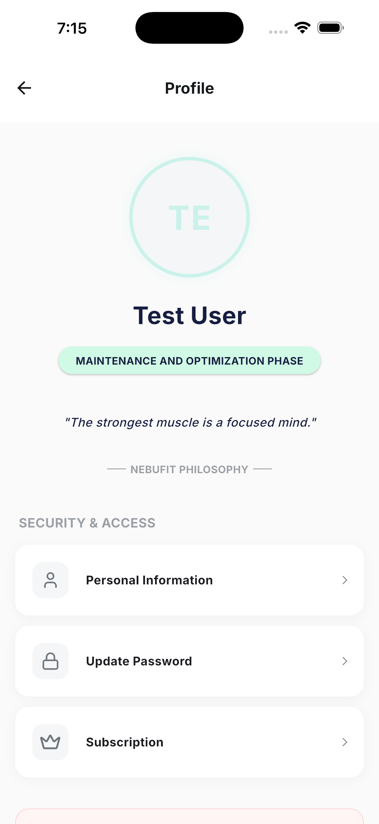 Profile screen with account info, NebuFit philosophy quote, and security & access settings
