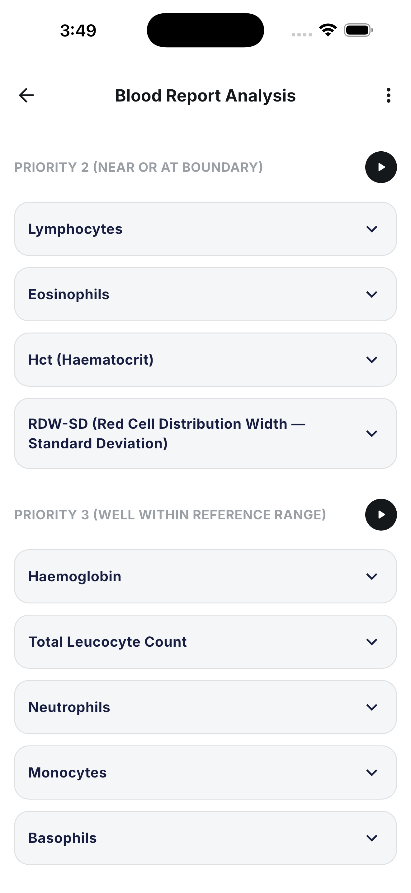 Blood Report Analysis priority sections listing markers near boundary and well within reference range