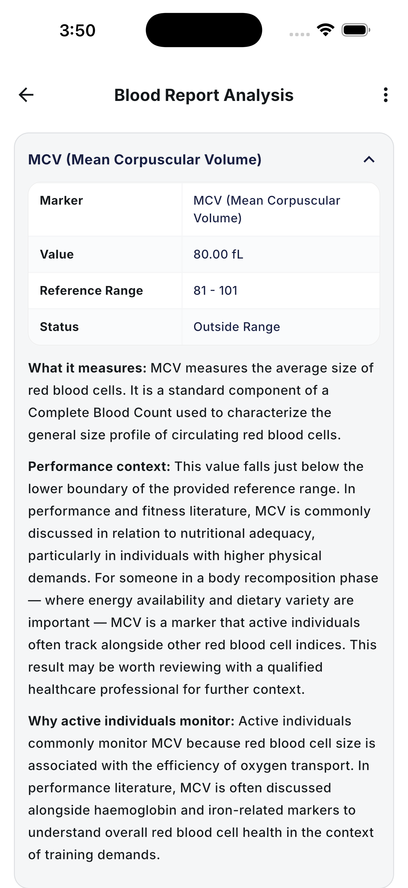 Blood Report Analysis expanded marker detail with an AI-written explanation of what it measures and performance context