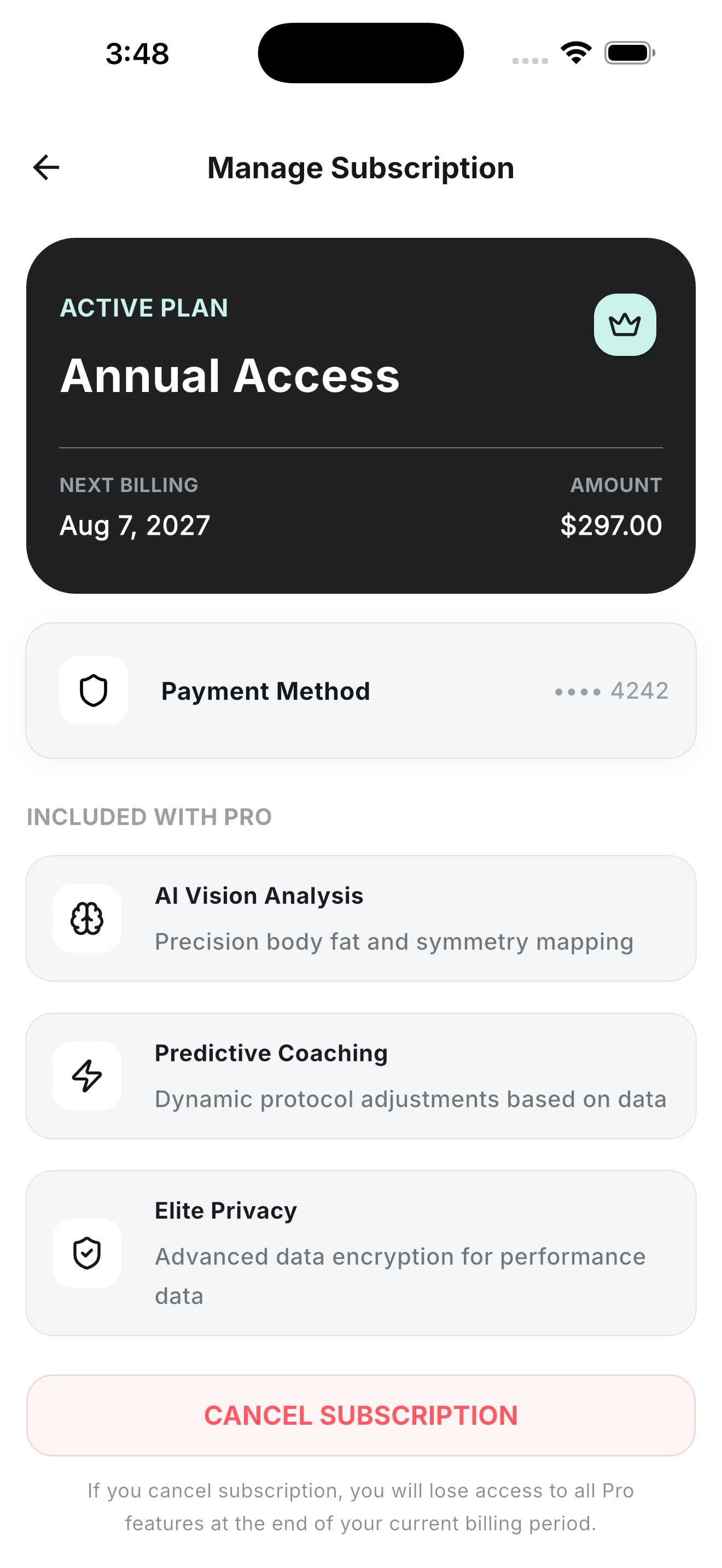 Manage Subscription screen showing the active annual plan, next billing date, payment method, and included Pro features