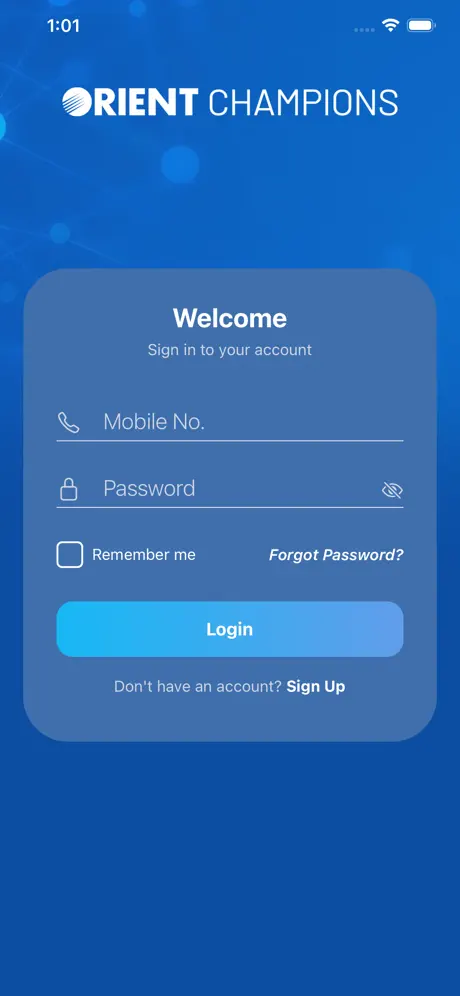 Login screen with mobile number and password fields