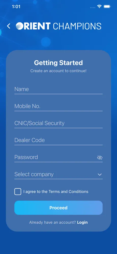 Account creation form with name, mobile number, CNIC/social security, dealer code, password, and company selection