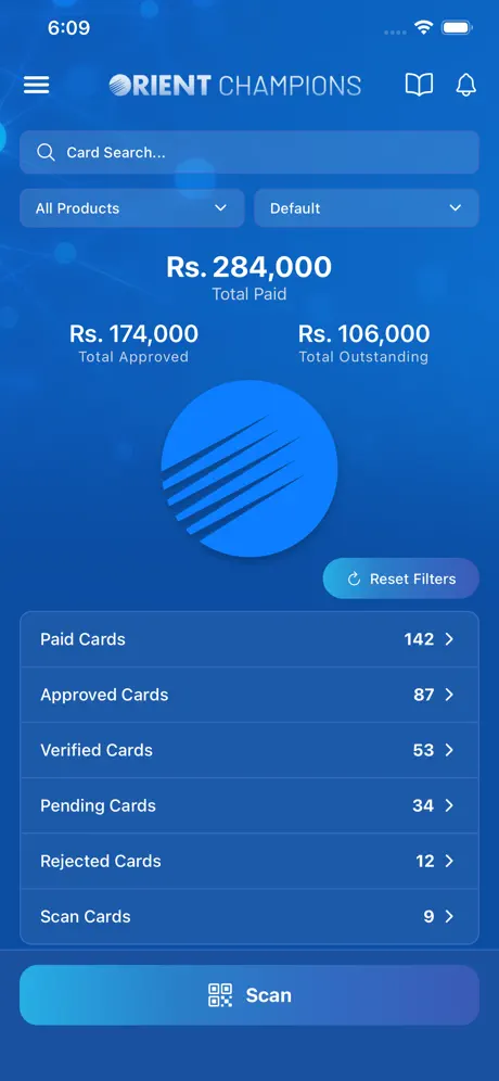 Dashboard showing total paid, approved, and outstanding amounts, plus paid/approved/verified/pending/rejected card counts and a scan button