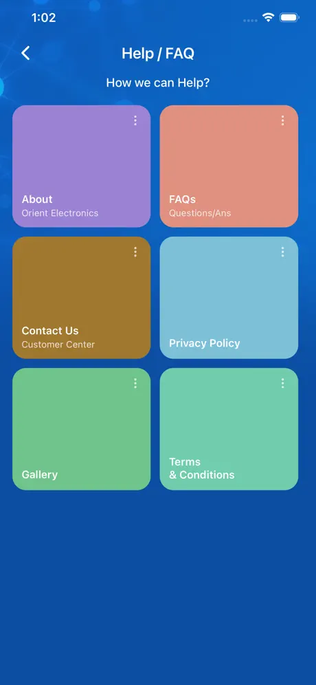 Help/FAQ screen with About, FAQs, Contact Us, Privacy Policy, Gallery, and Terms & Conditions tiles