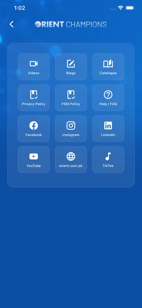 More menu with links to videos, blogs, catalogue, policies, and the brand's social media profiles