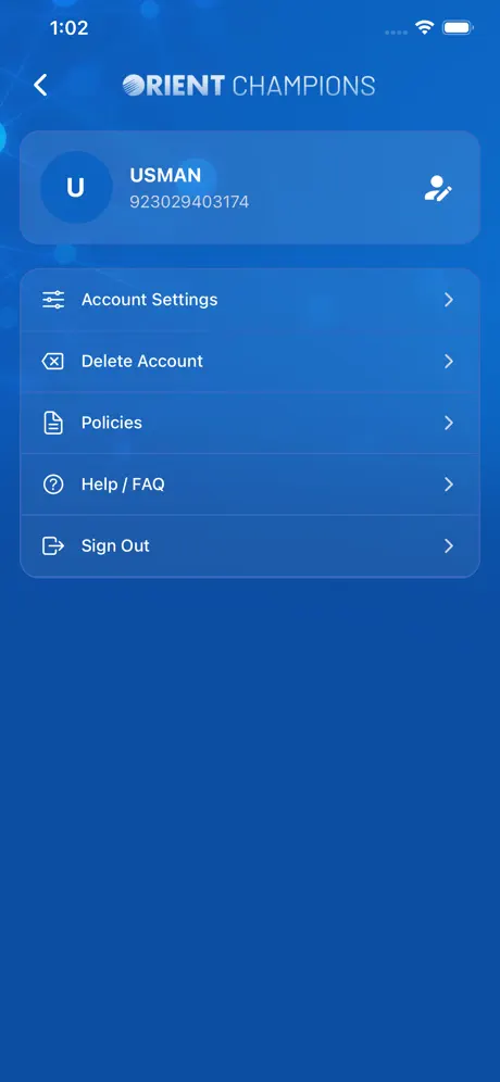 Account screen with profile info and links to account settings, policies, help/FAQ, and sign out