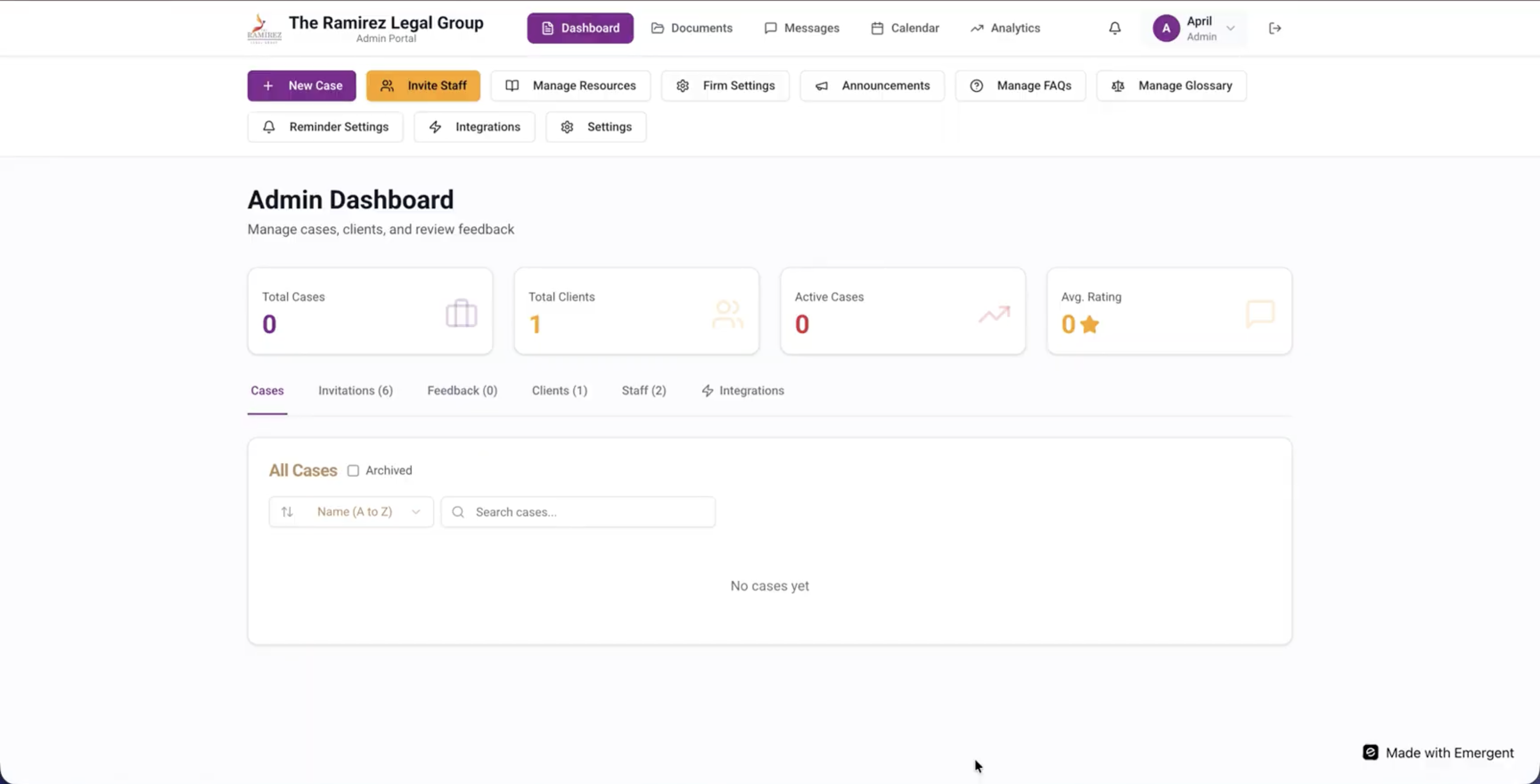 Admin Portal dashboard showing zero total cases, clients, and active cases before any data has synced over