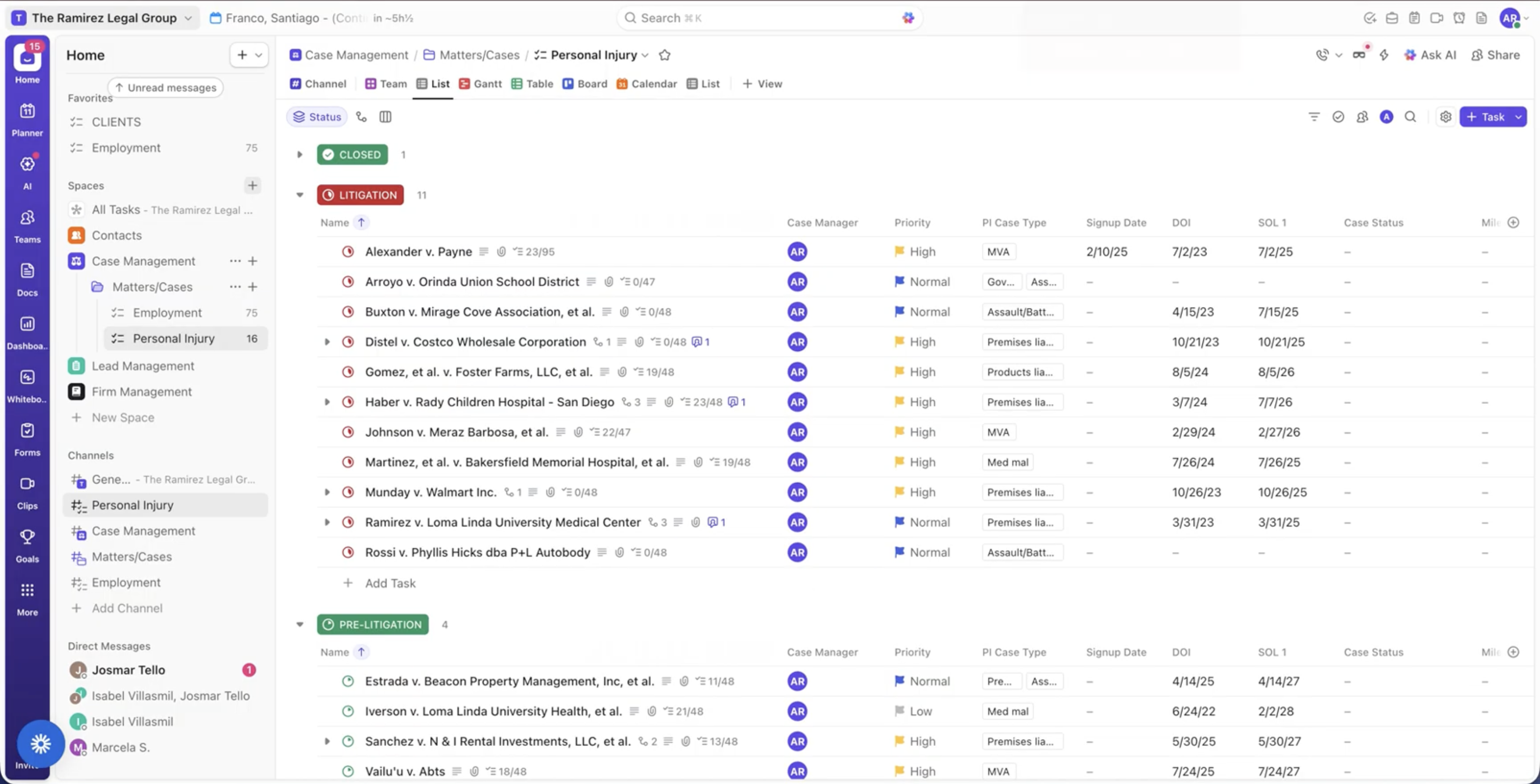 ClickUp Personal Injury case list grouped into Litigation and Pre-Litigation status sections, with case manager, priority, and key date columns
