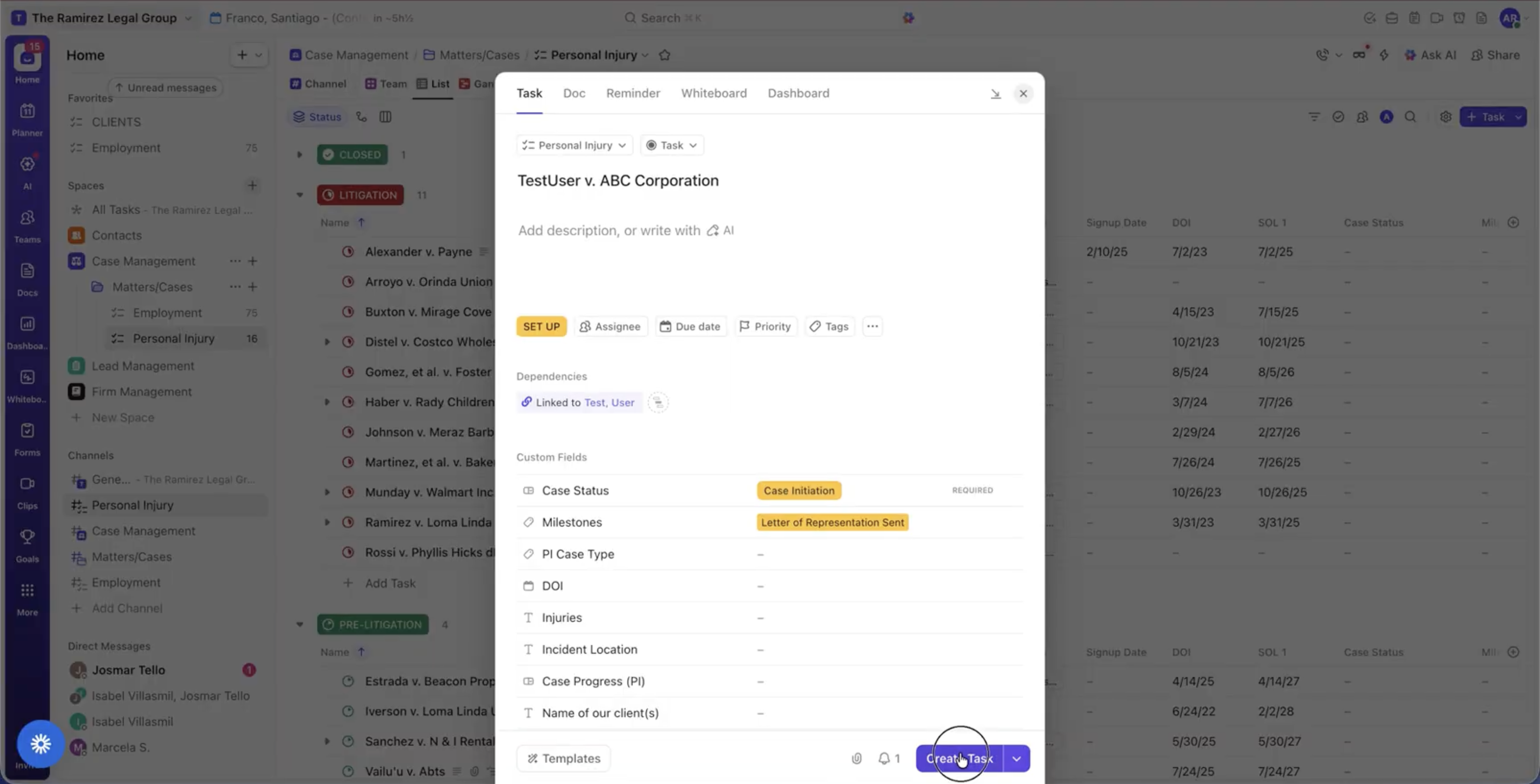 ClickUp task creation panel for a new 'TestUser v. ABC Corporation' case, with Case Status, Milestones, and custom personal-injury fields