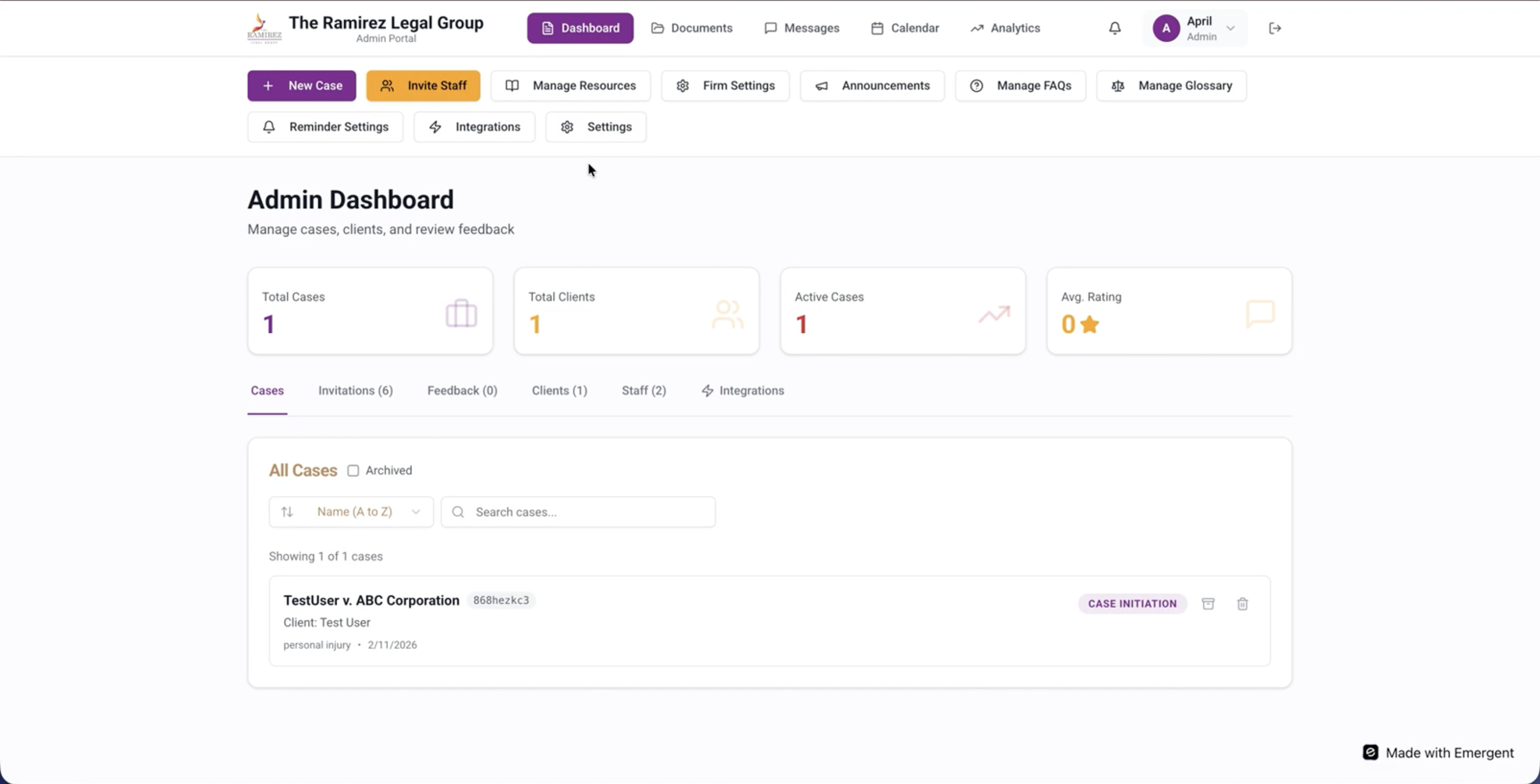 Admin Portal dashboard now showing 1 total case, 1 client, and 1 active case after the new ClickUp task synced over