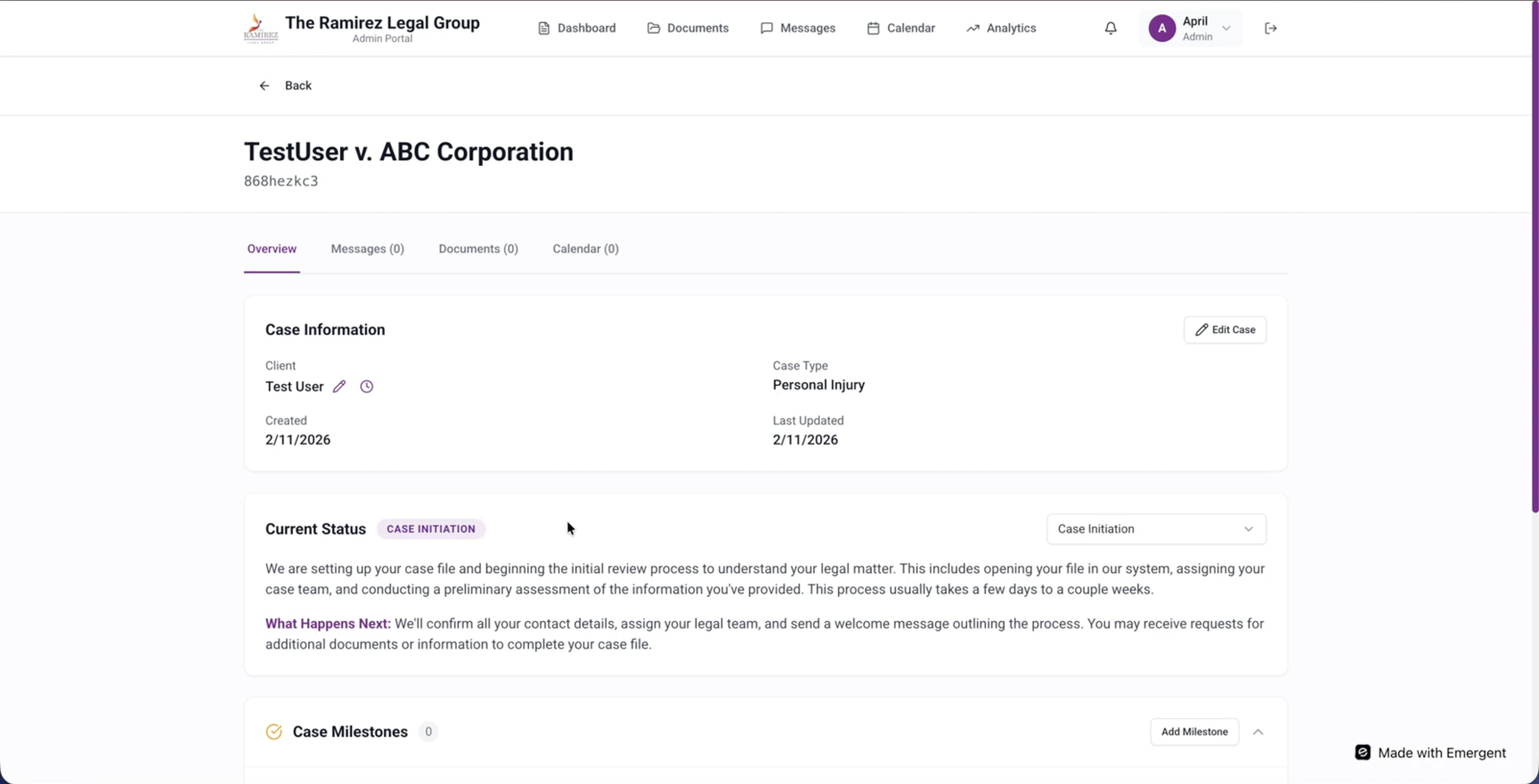 Case detail Overview tab for TestUser v. ABC Corporation showing Case Information, Current Status, and three completed Case Milestones