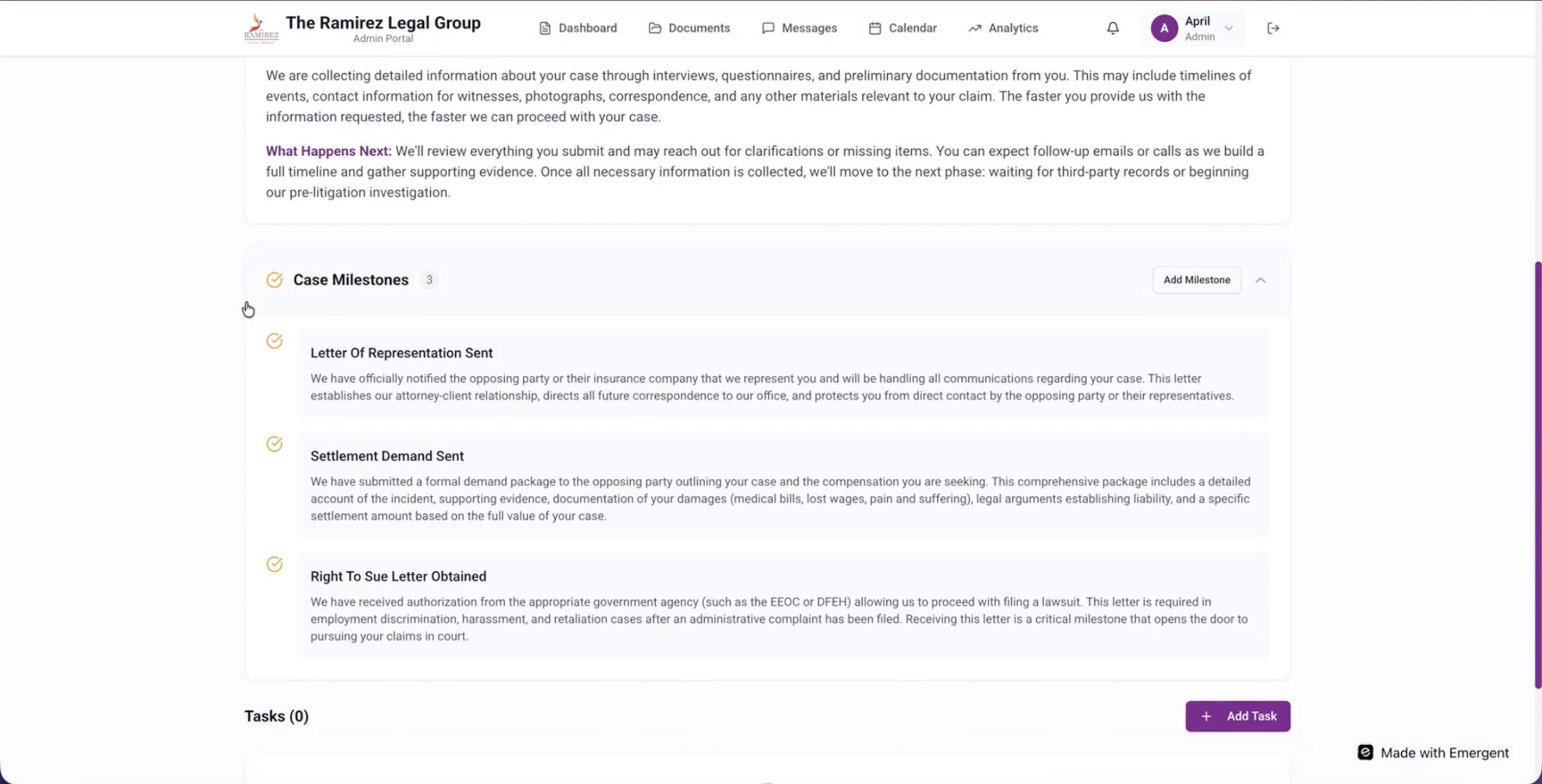 Admin Portal Clients tab listing the one registered client and their linked case