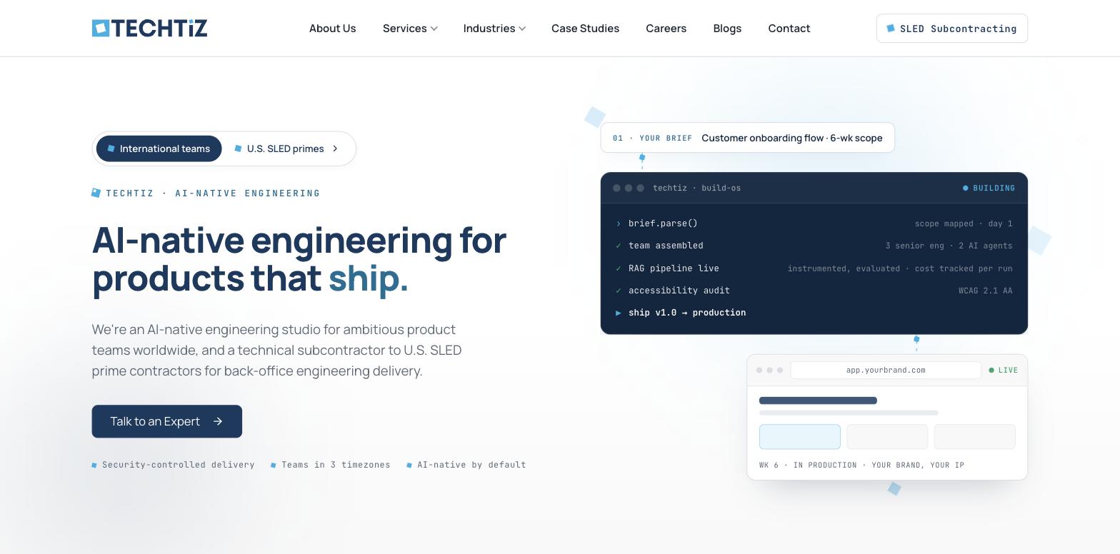 Techtiz homepage hero reading "AI-native engineering for products that ship" alongside a build-pipeline status panel and a live app preview card