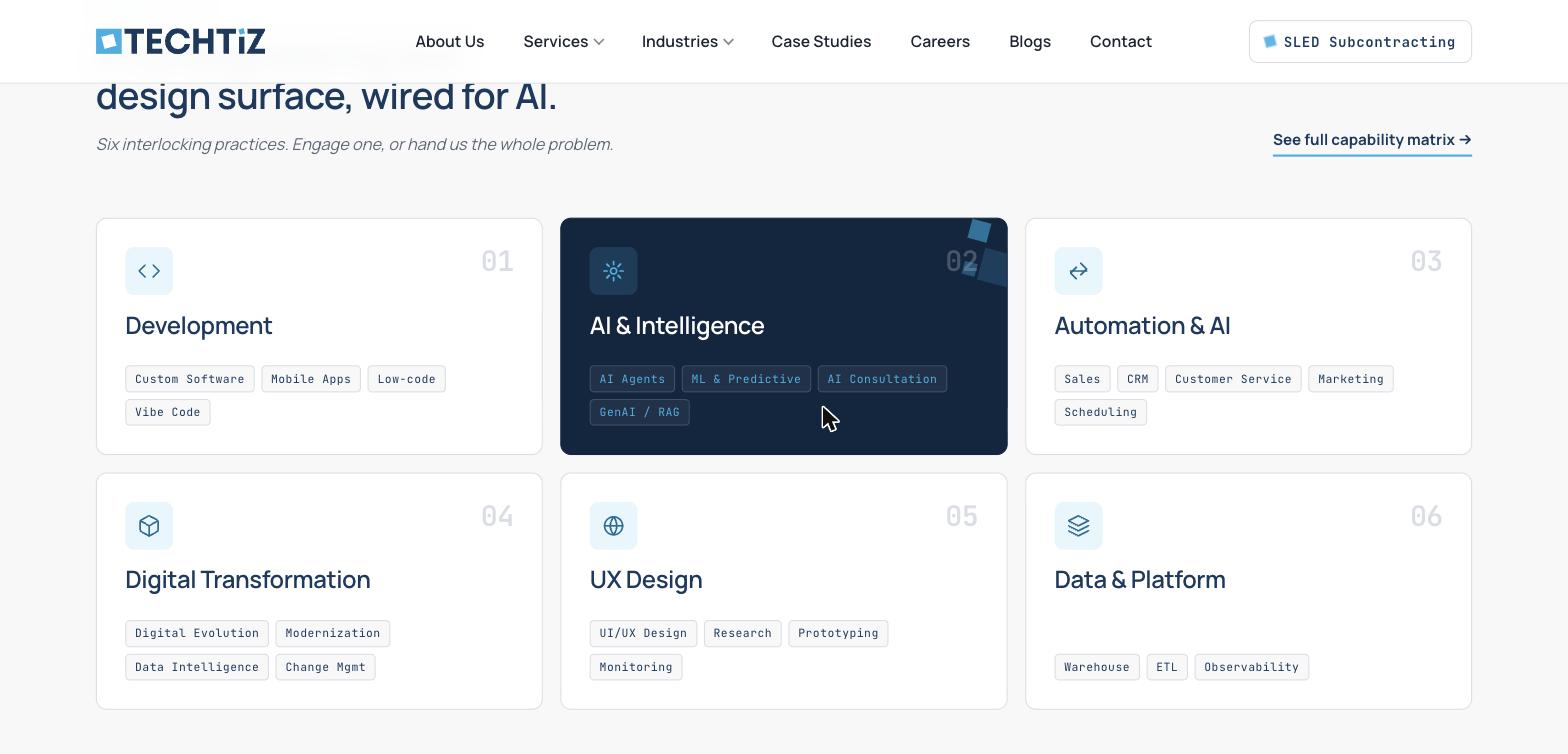 Services section grid listing six capabilities — Development, AI & Intelligence, Automation & AI, Digital Transformation, UX Design, and Data & Platform