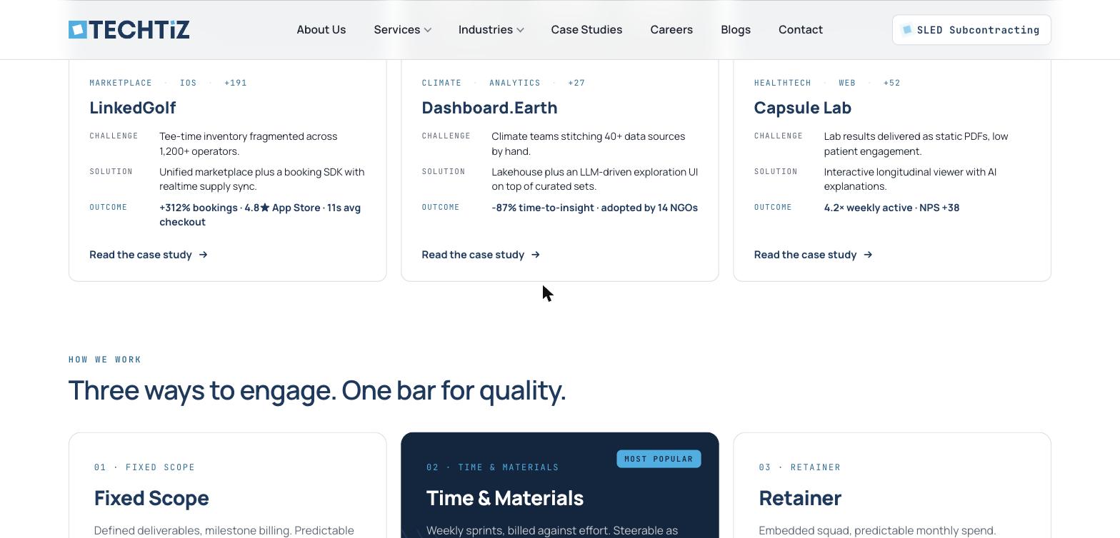 Case studies preview cards for LinkedGolf, Dashboard.Earth, and Capsule Lab, each with a Challenge/Solution/Outcome breakdown