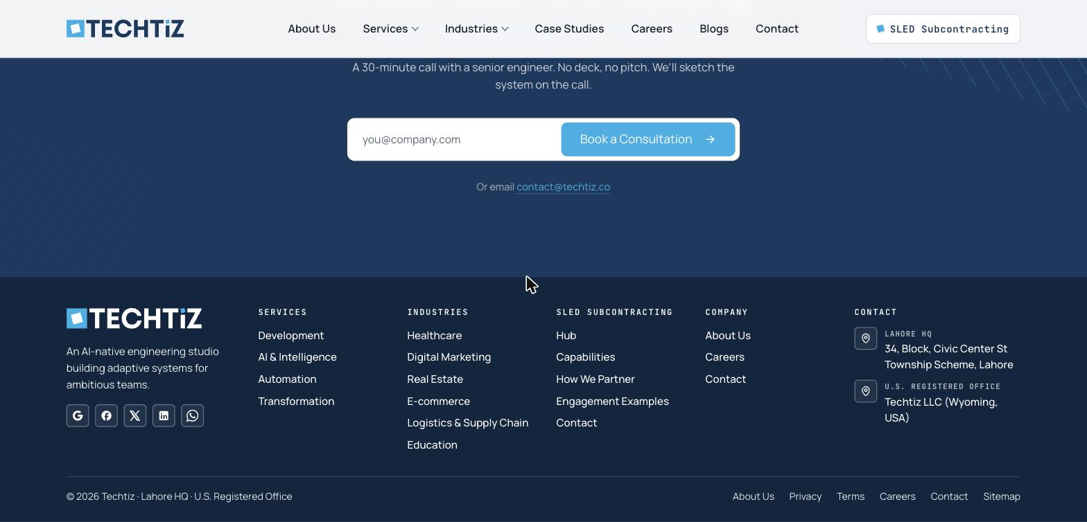 Footer call-to-action offering a 30-minute consultation call, above the site footer with services, industries, SLED subcontracting, and contact columns