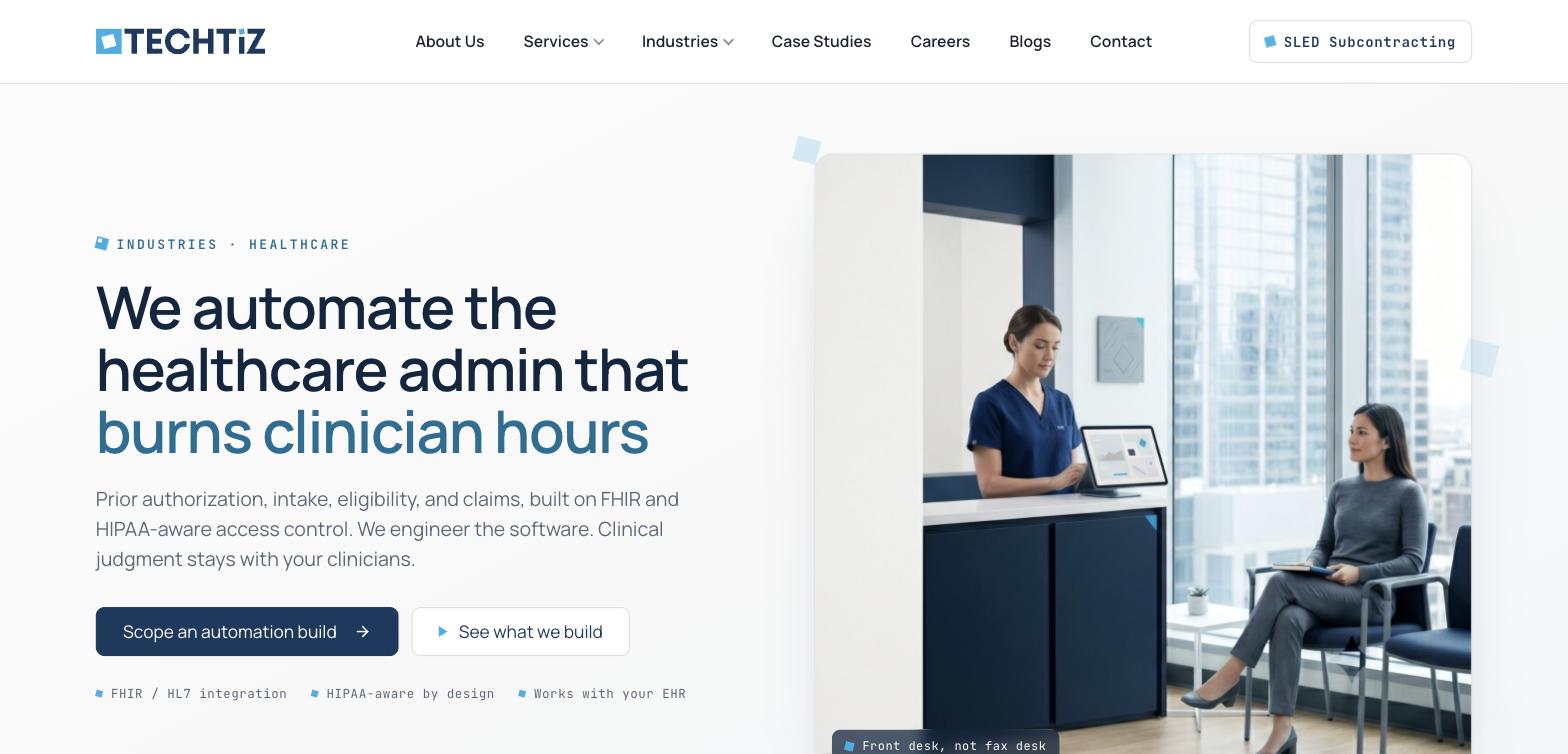Healthcare industry page hero reading "We automate the healthcare admin that burns clinician hours" with a clinic photo and FHIR/HIPAA feature tags