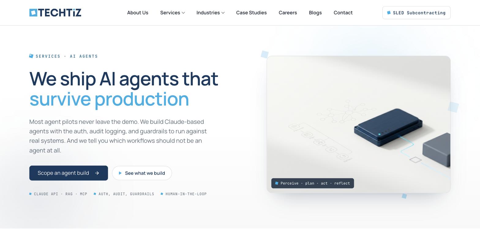 AI Agents service page hero reading "We ship AI agents that survive production" with a perceive/plan/act/reflect device illustration