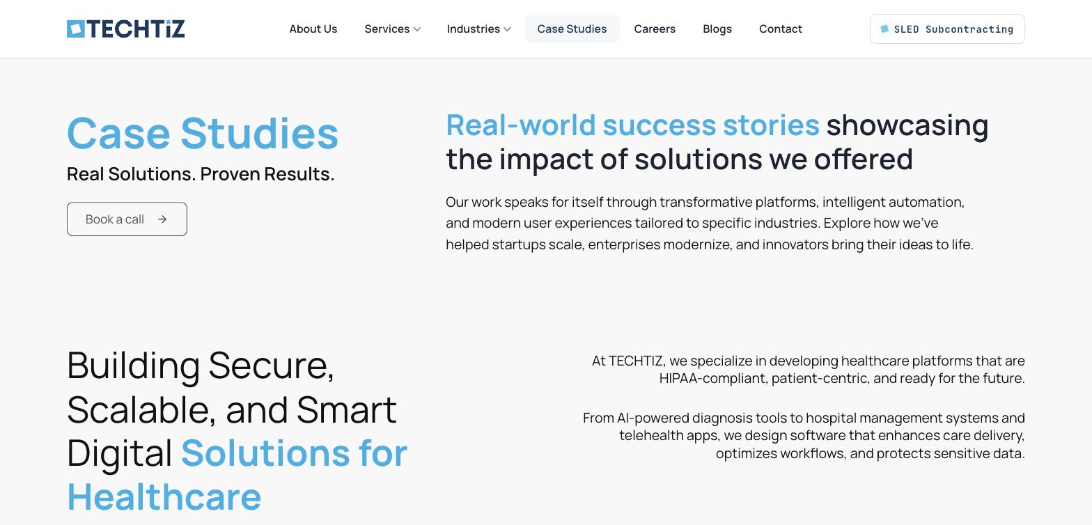 Case Studies listing page header with "Real-world success stories" copy and a healthcare-focused case studies intro