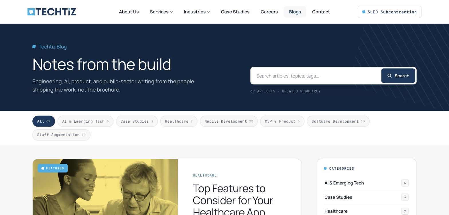 Blog index page titled "Notes from the build" with a category filter bar and a featured healthcare article