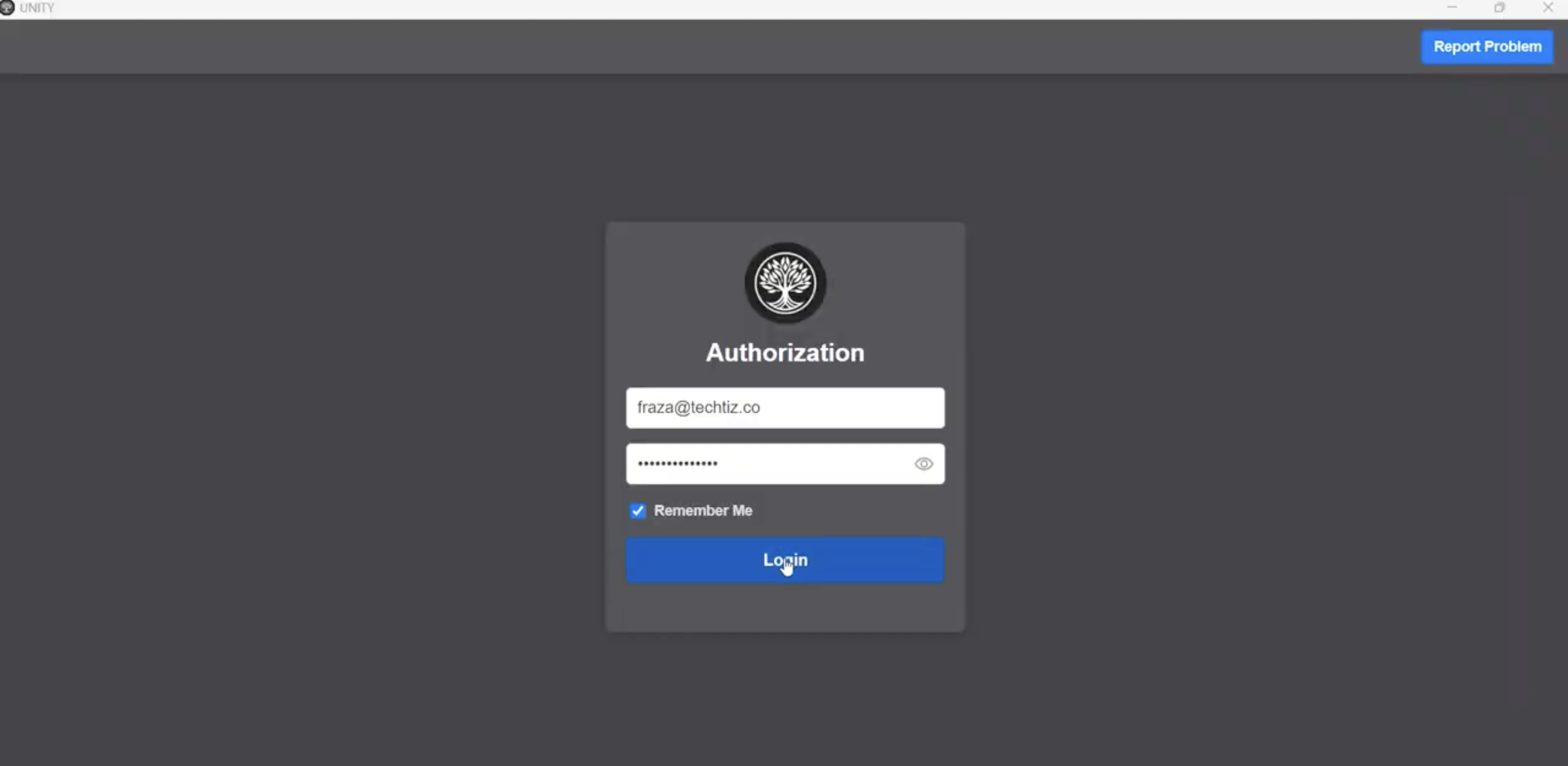 UNITY desktop app authorization screen with email and password fields