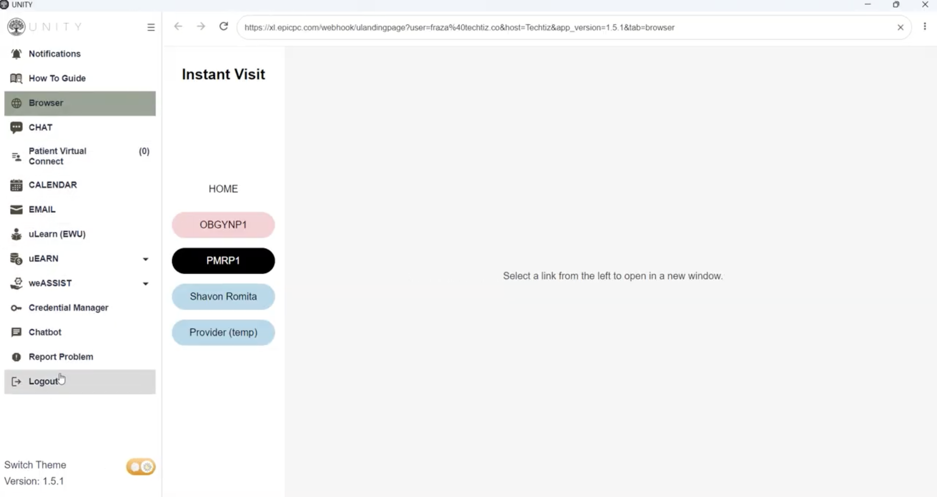 UNITY desktop app home screen with the Instant Visit panel and embedded browser view