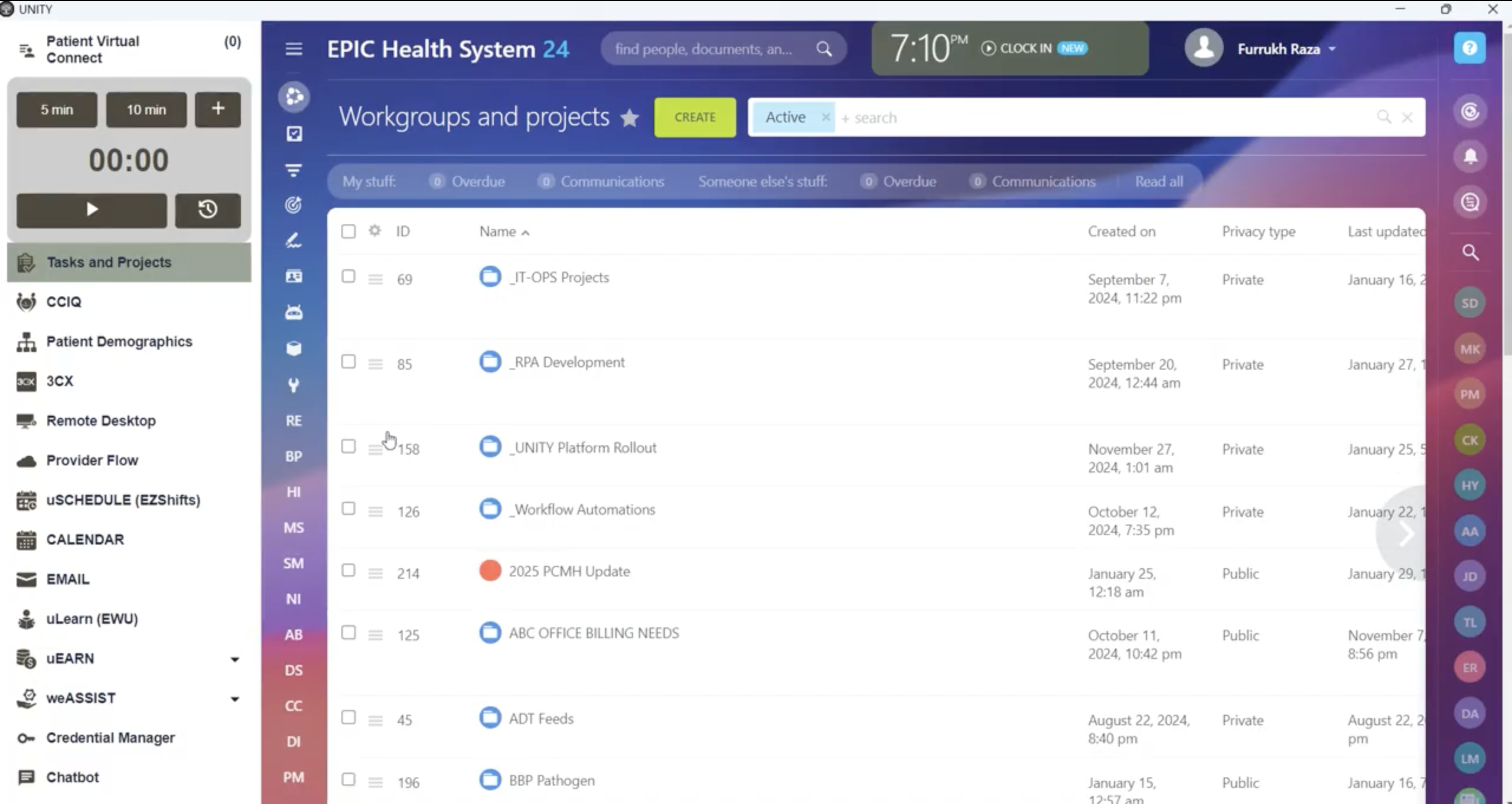 Tasks and Projects panel listing workgroups and projects with created and last-updated dates