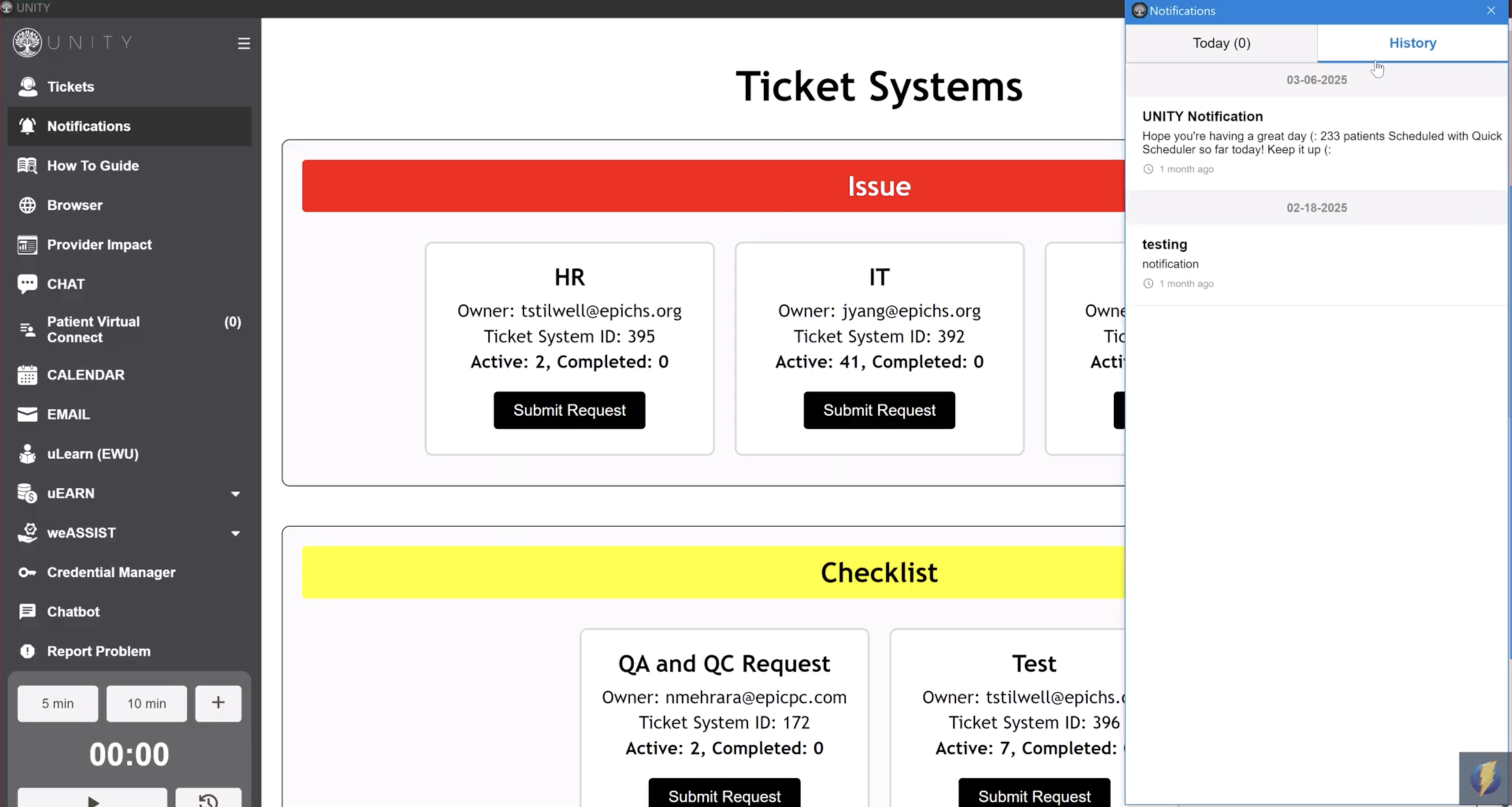 Ticket Systems panel with Issue and Checklist ticket categories and a notifications history flyout
