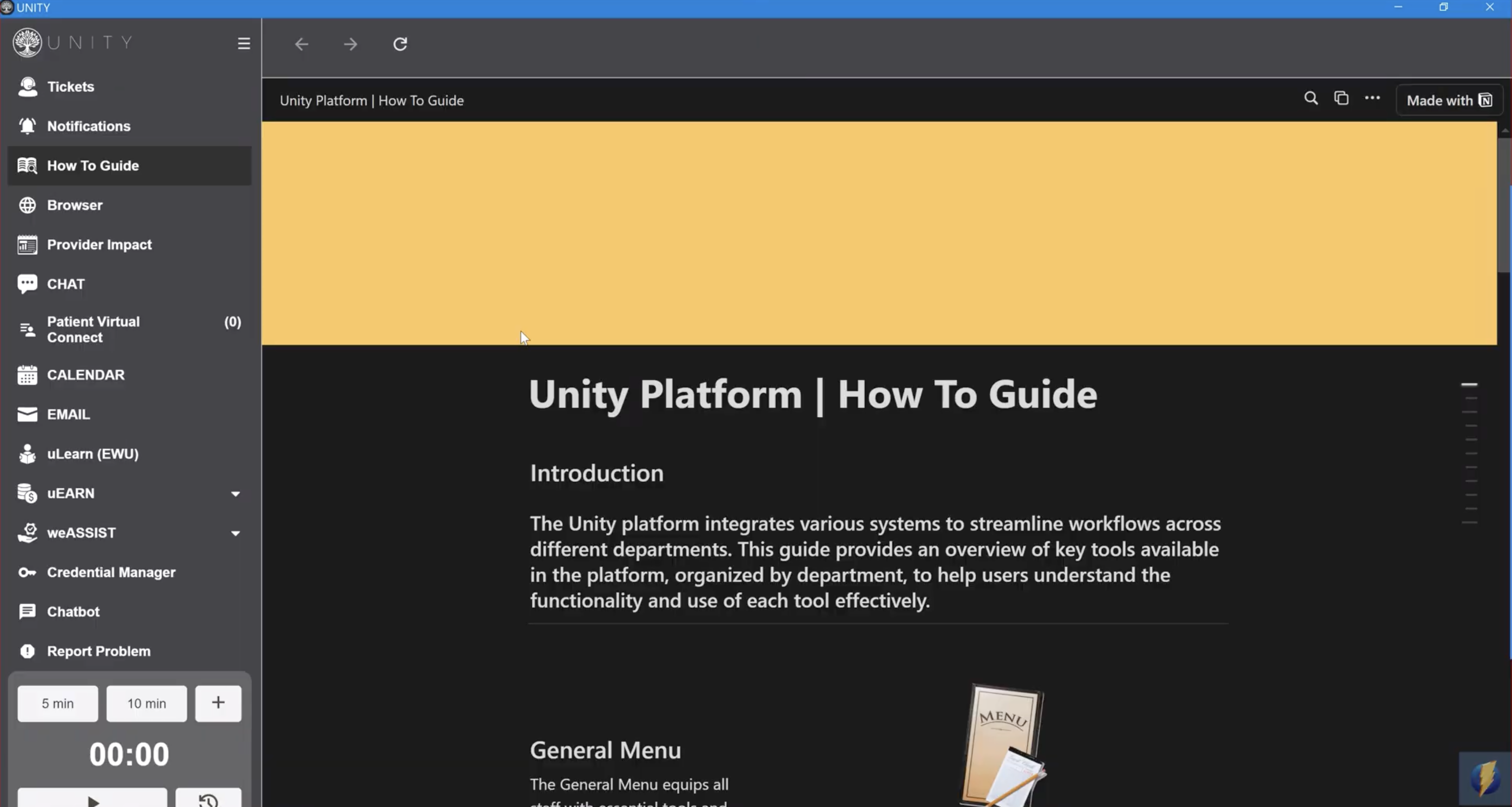 UNITY Platform How To Guide page with an introduction and general menu section