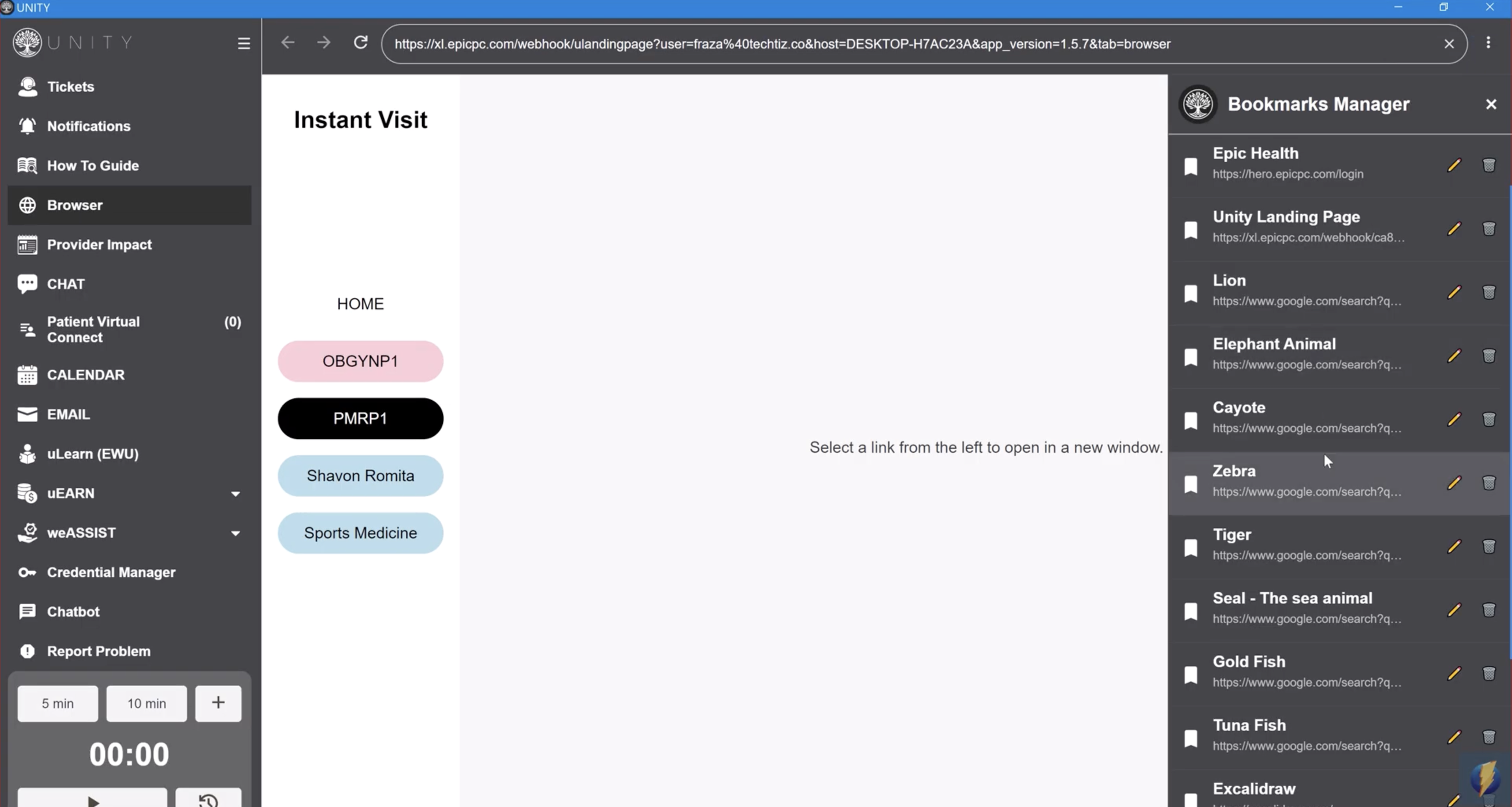 Bookmarks Manager panel listing saved links with edit and delete controls
