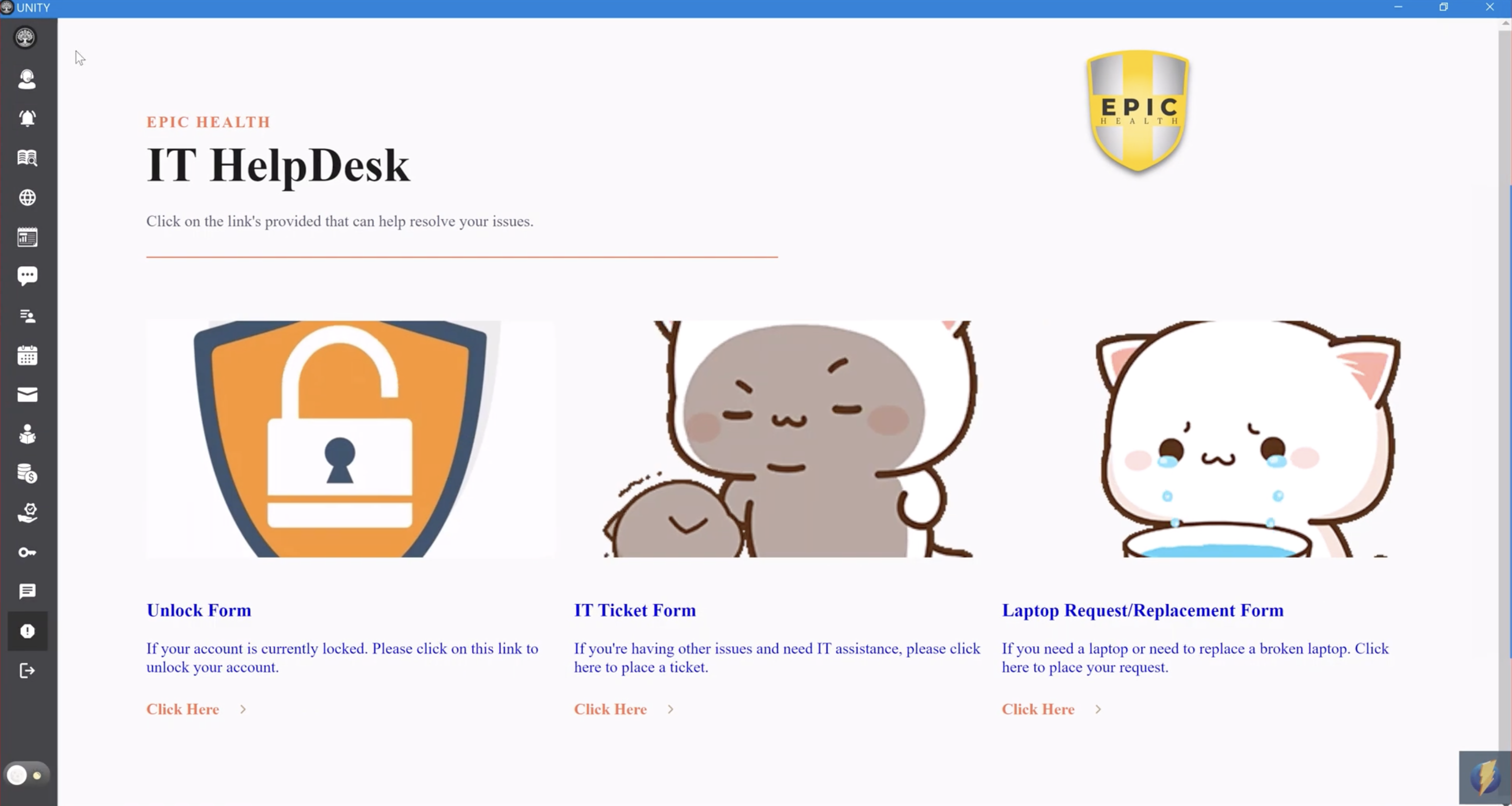 IT HelpDesk page with Unlock Form, IT Ticket Form, and Laptop Request/Replacement Form links