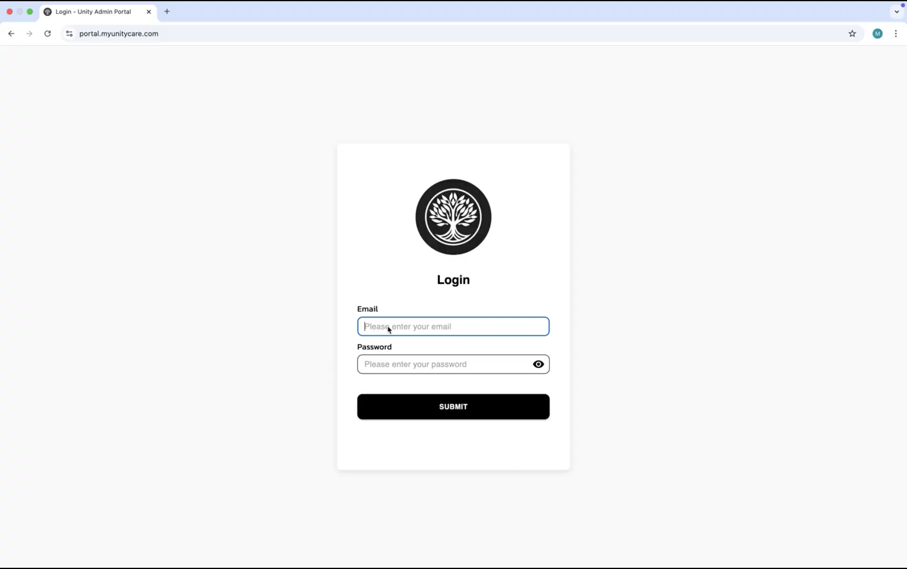 UNITY Admin Portal login screen with email and password fields