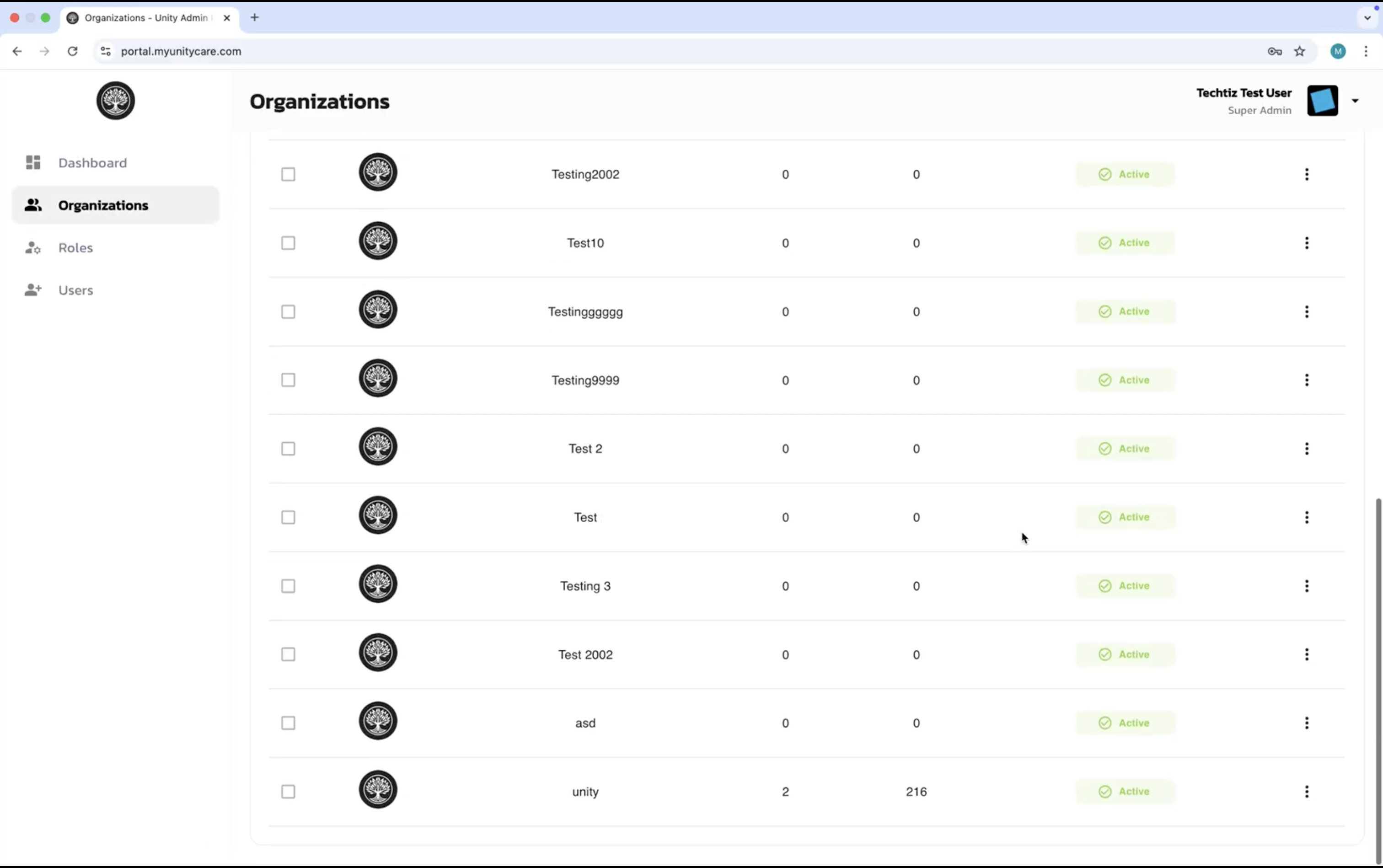 Admin Portal Organizations list showing organization names, user counts, and active status