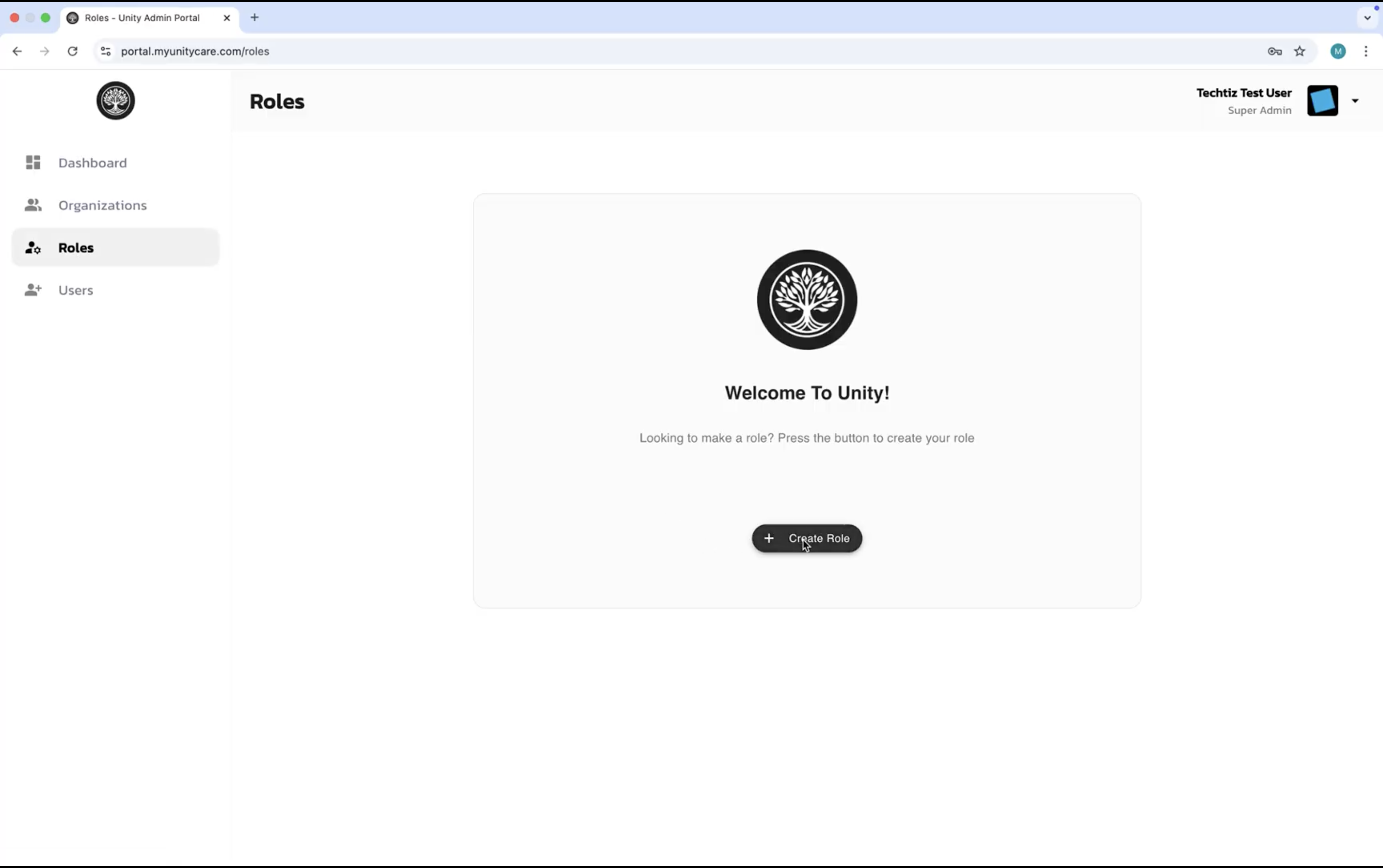Admin Portal Roles page with a Create Role button and empty state
