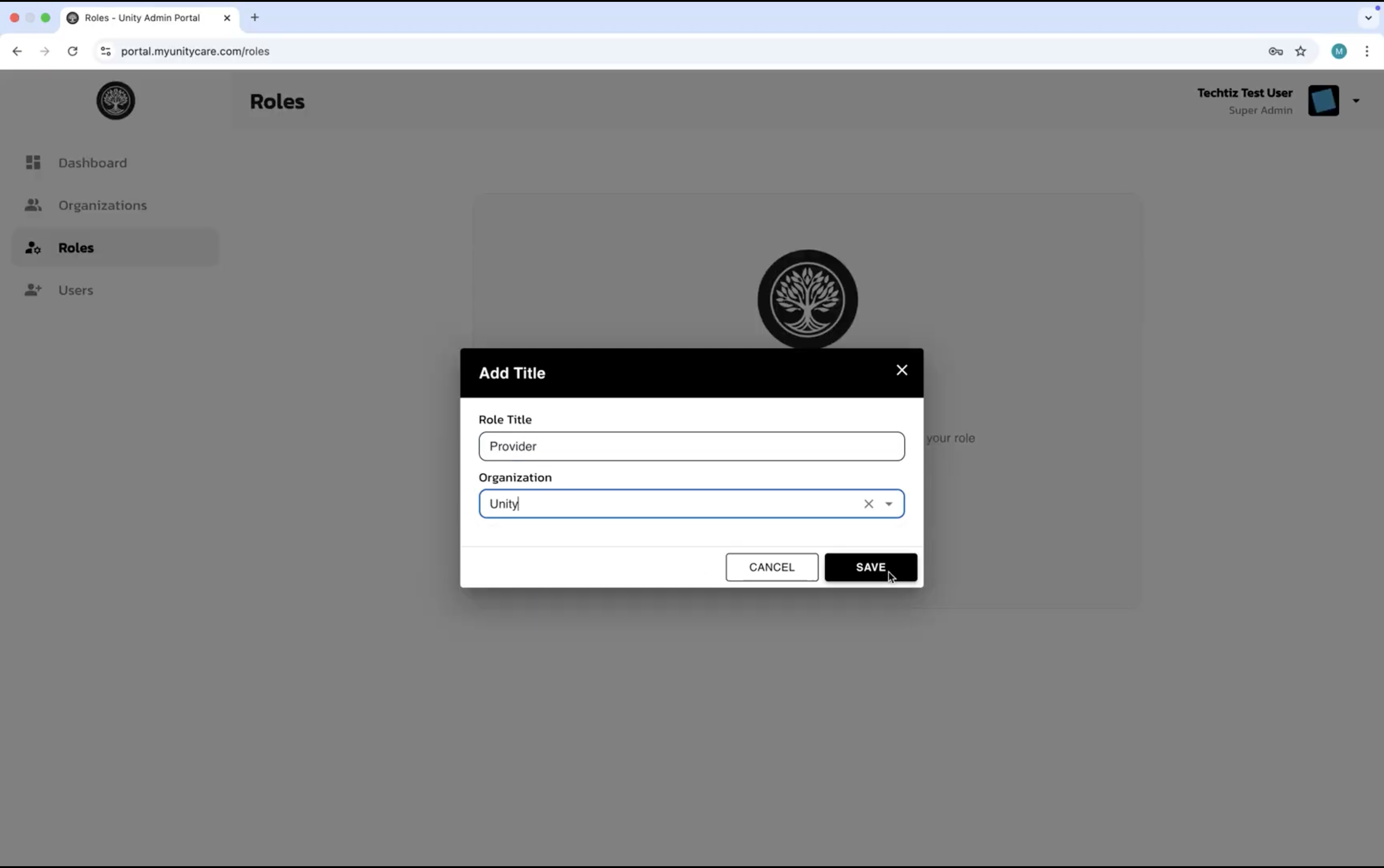 Add Title modal for creating a new role with a role title field and organization selector