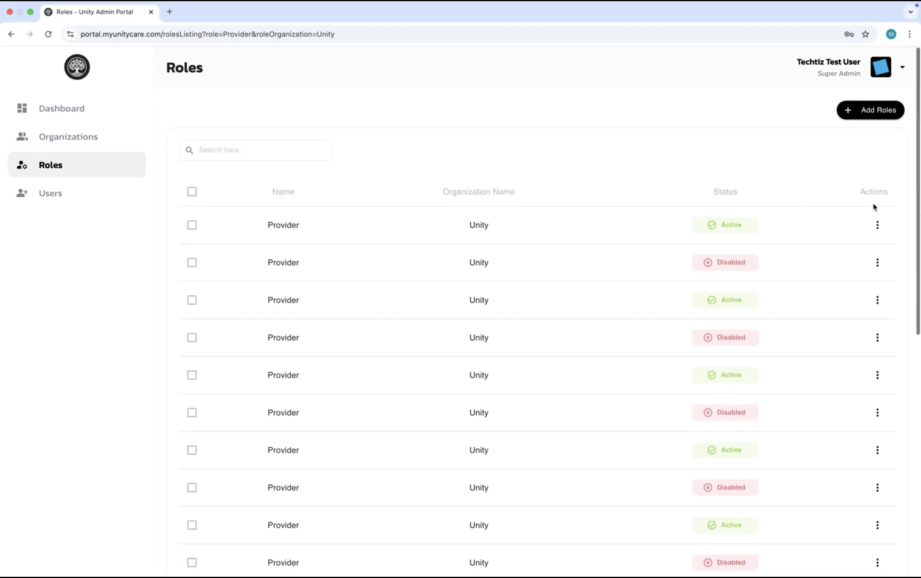 Roles listing table with role name, organization name, status, and row actions