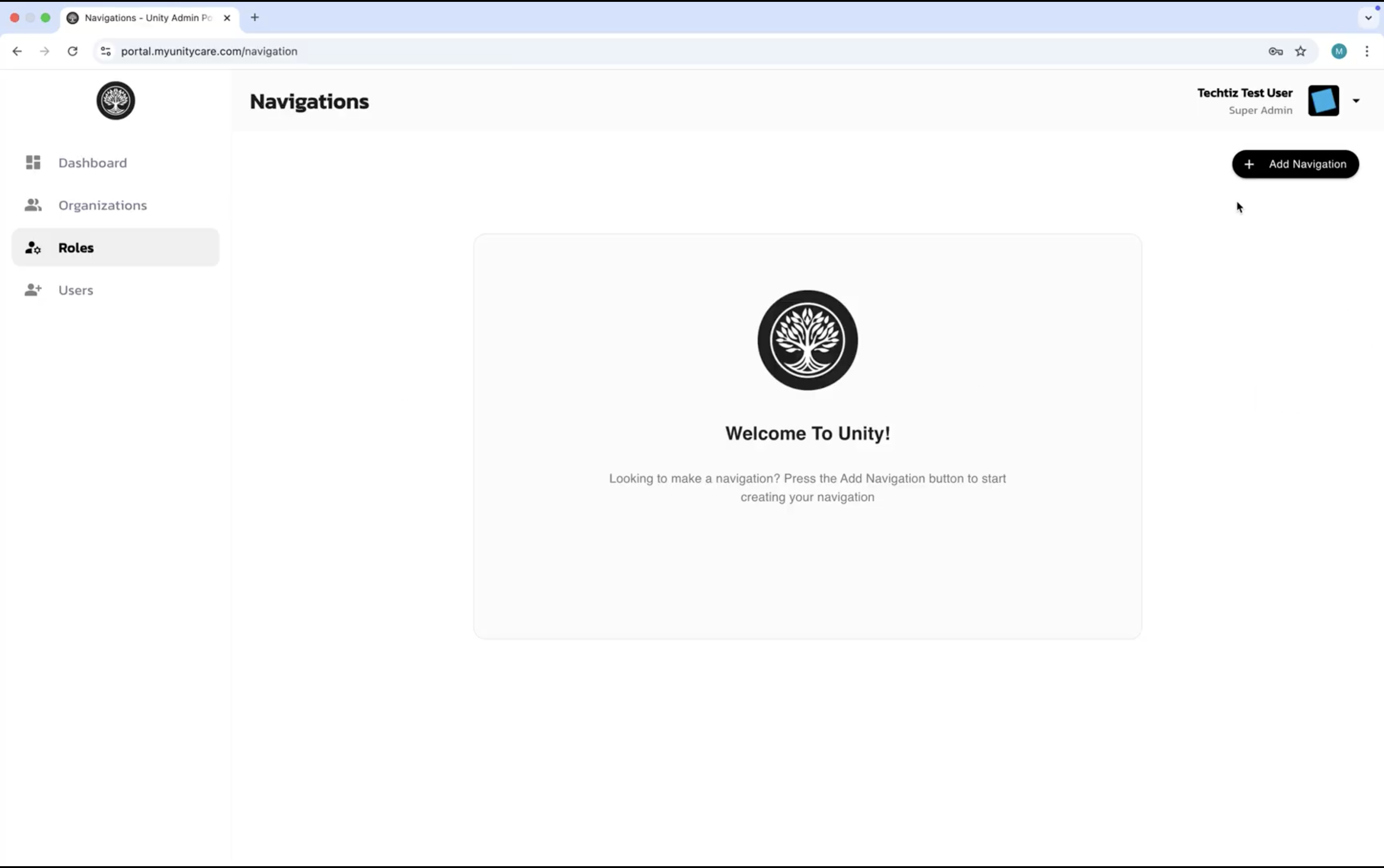 Admin Portal Navigations page with an Add Navigation button and empty state