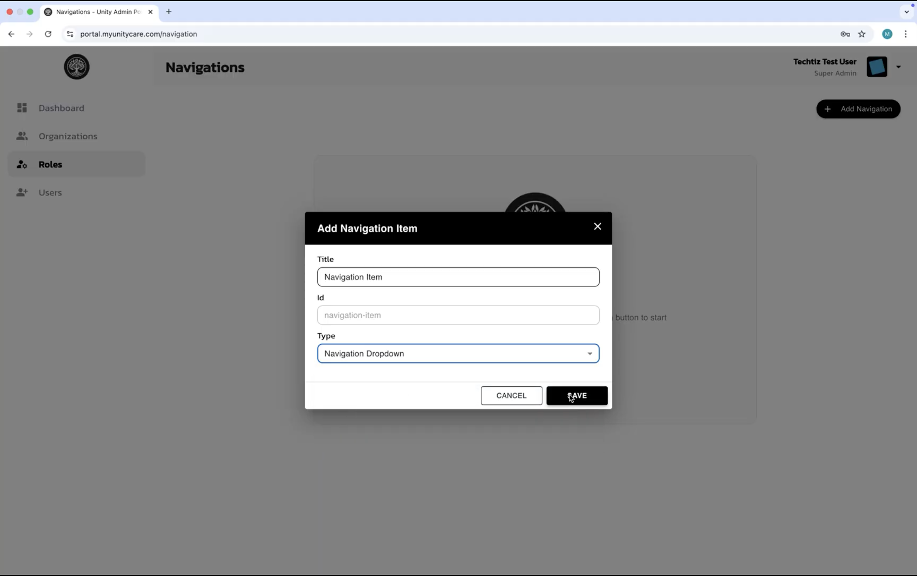 Add Navigation Item modal with title, id, and type fields, type set to Navigation Dropdown