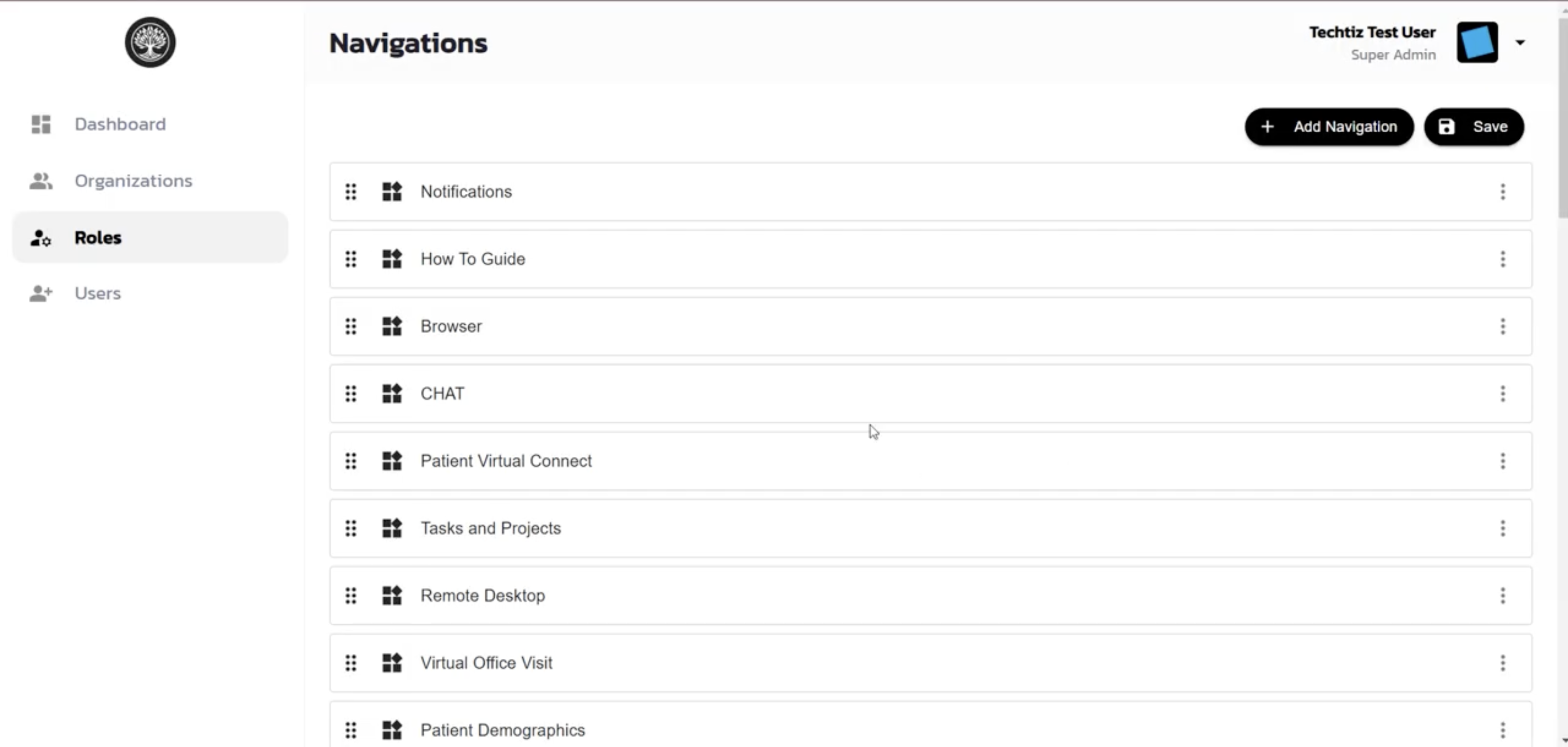 Draggable navigation items list including Notifications, How To Guide, Browser, Chat, and Patient Virtual Connect
